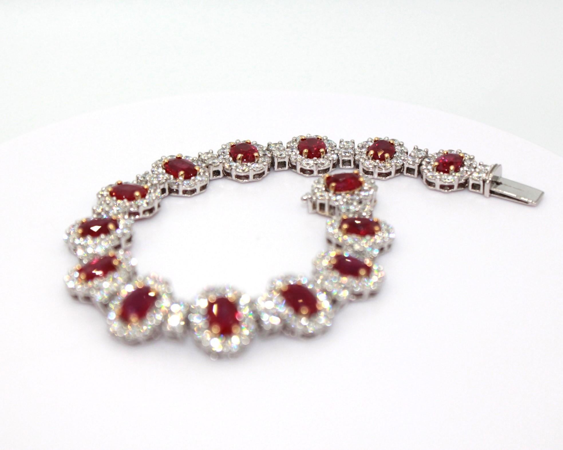Oval Cut 15.03 Carat Burma Ruby & Diamond Bracelet For Sale