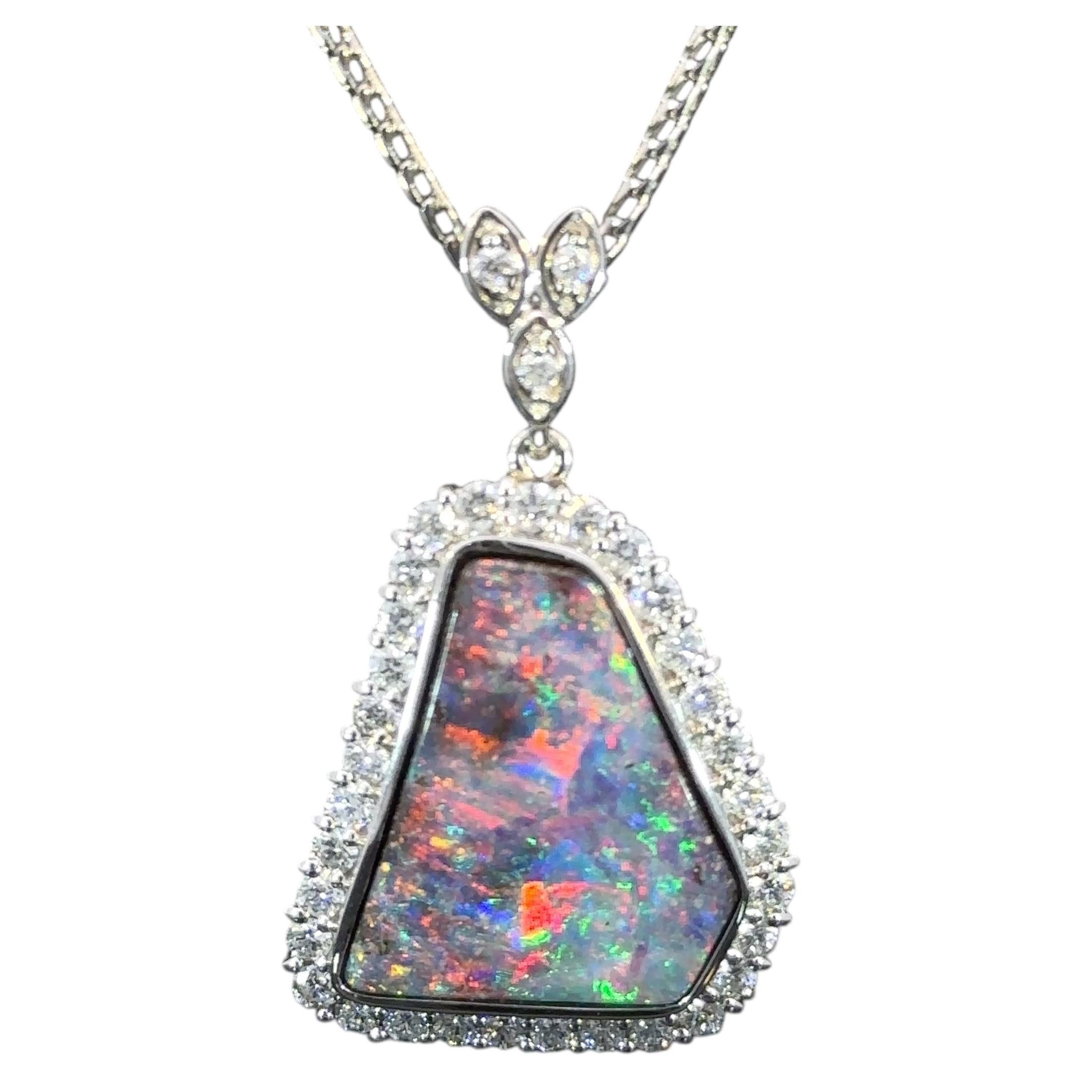 15.04 Carat Australian Boulder Opal Diamond Platinum Pendant Necklace