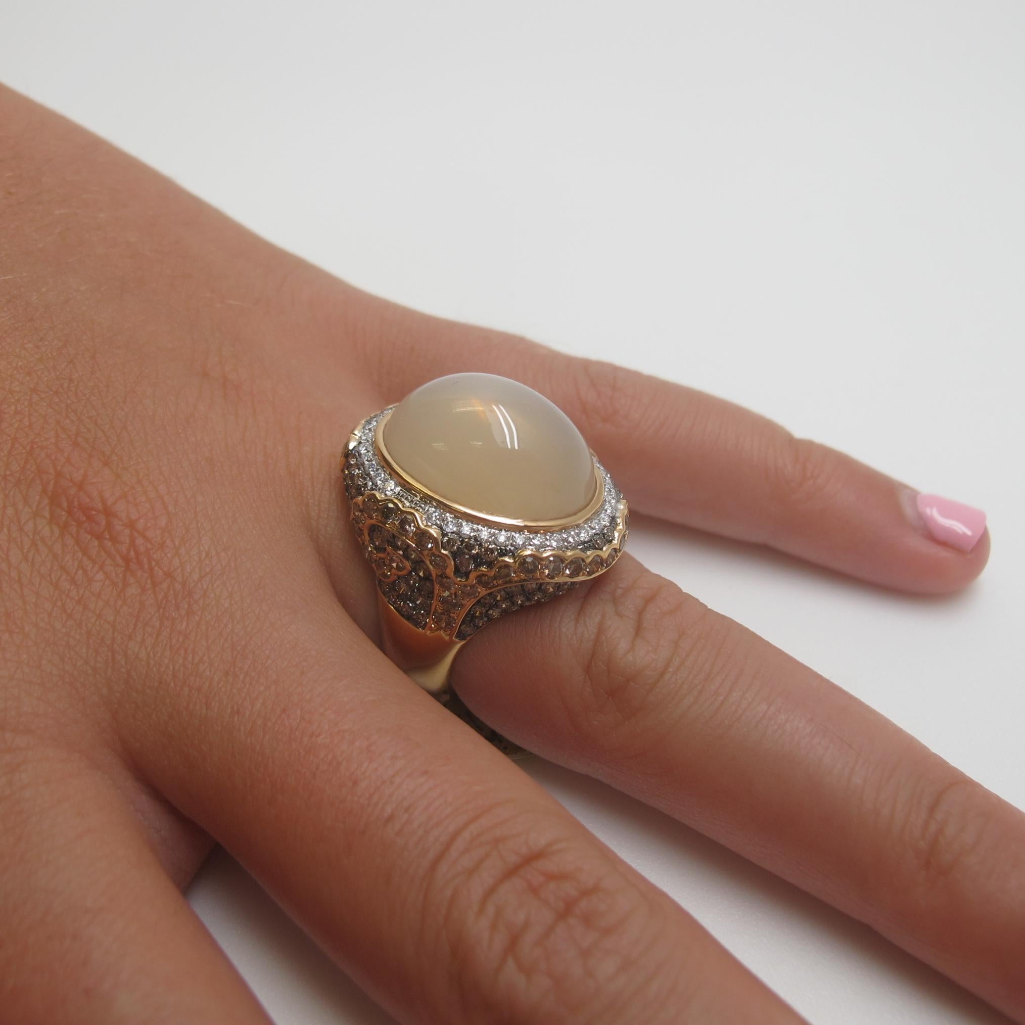 Artisan 15.05 Carat Oval Moonstone with White and Brown Diamonds 18 Karat Rose Gold Ring