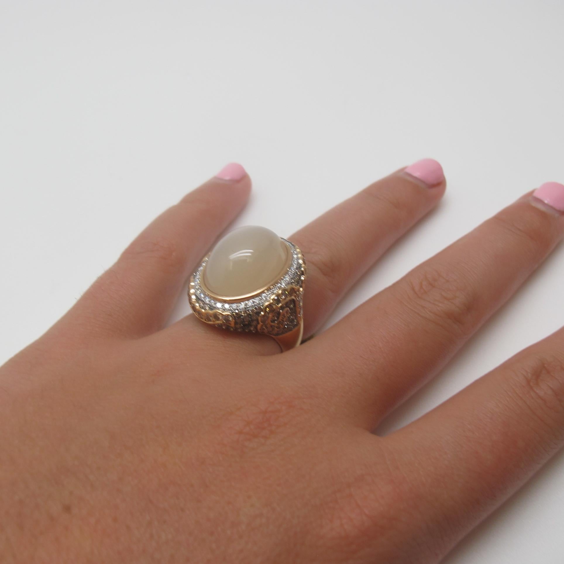 Oval Cut 15.05 Carat Oval Moonstone with White and Brown Diamonds 18 Karat Rose Gold Ring