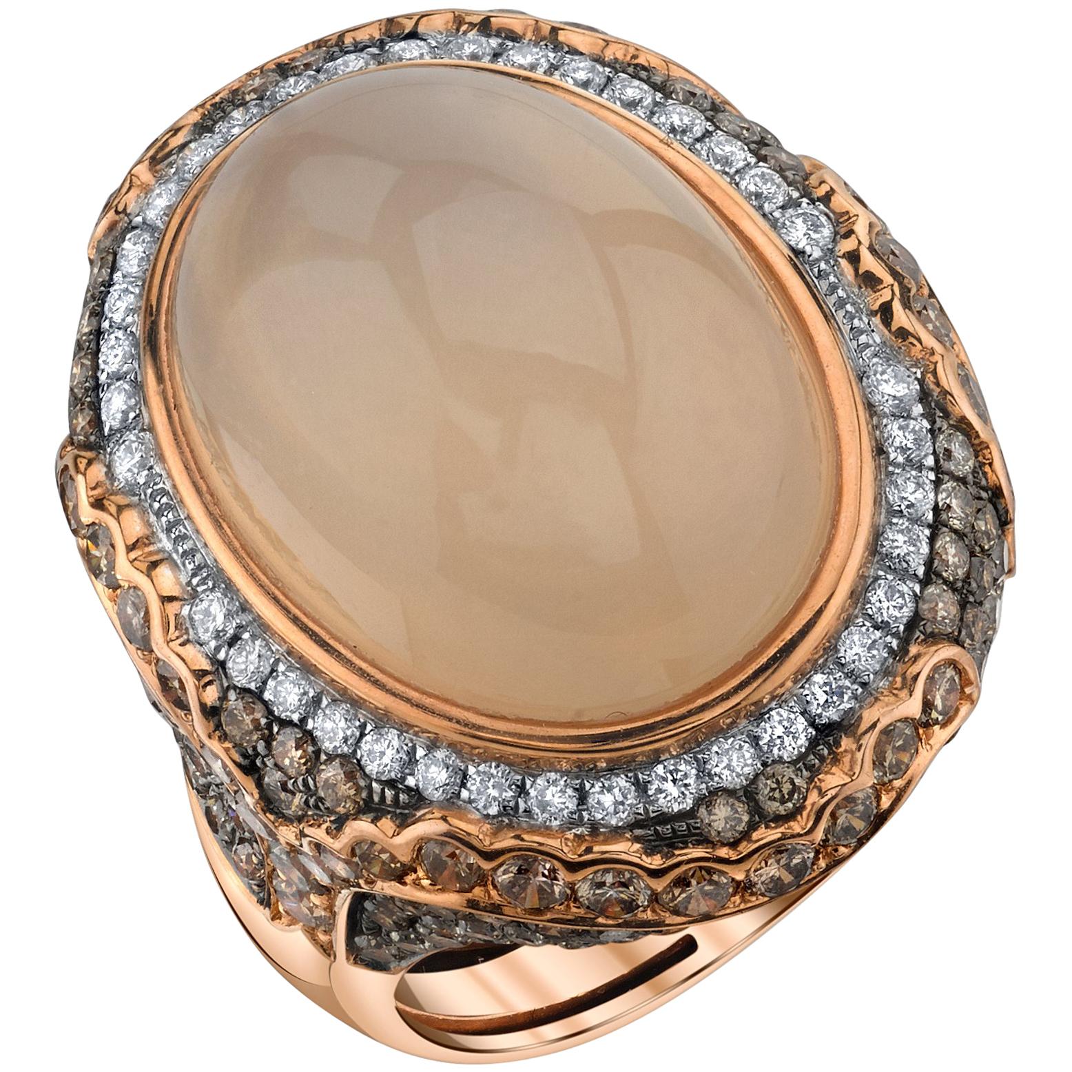 15.05 Carat Oval Moonstone with White and Brown Diamonds 18 Karat Rose Gold Ring