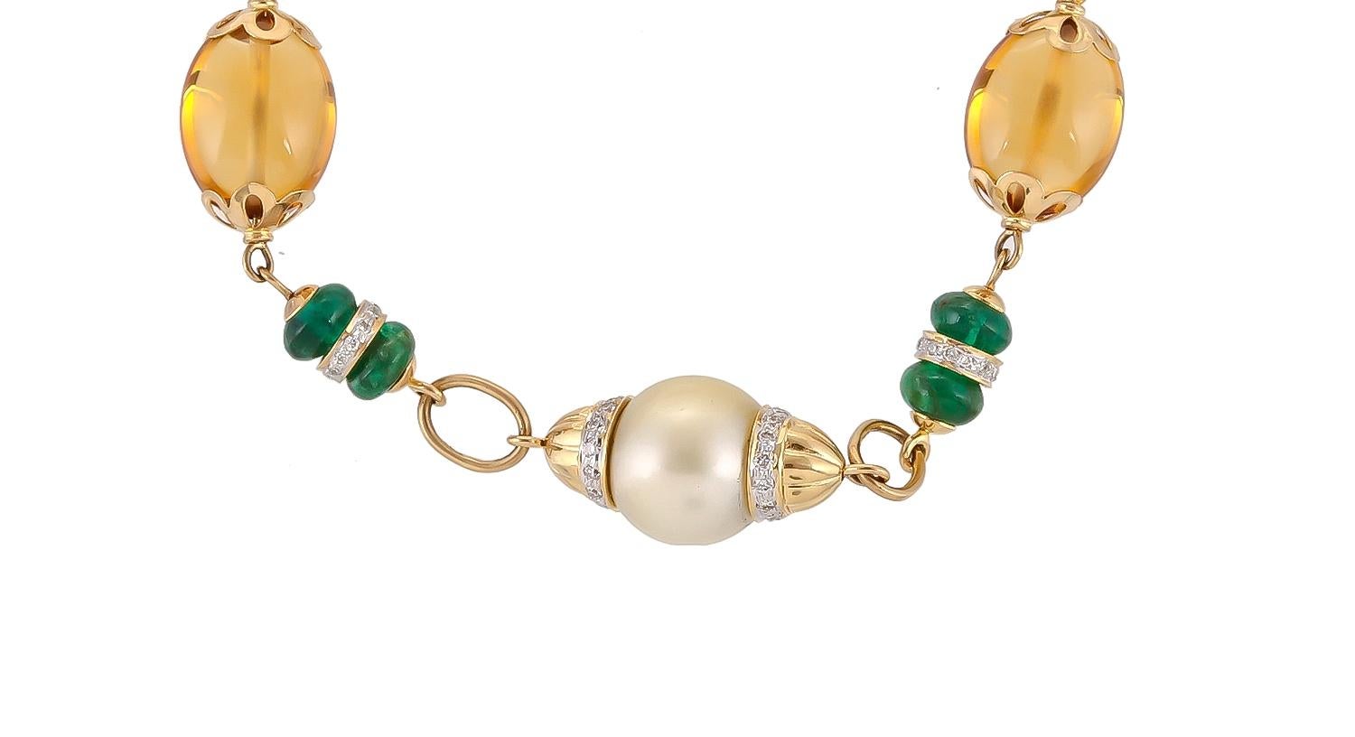 Bead 15.08 Carat Citrine Emerald South Sea Pearl 18 Karat Yellow Gold Bracelet For Sale