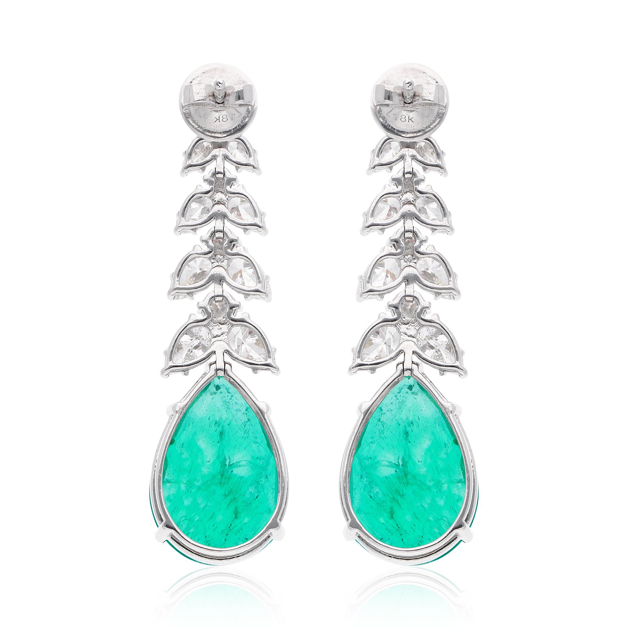 15.08Ct Pear Cut Zambian Emerald Diamond Dangle Earrings 14k White Gold Pour femmes en vente