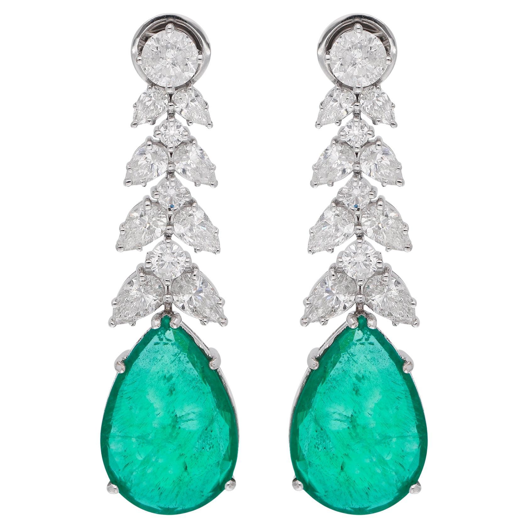 Orecchini a goccia con diamante smeraldo dello Zambia, taglio pera, 15,08 carati, oro bianco 14k