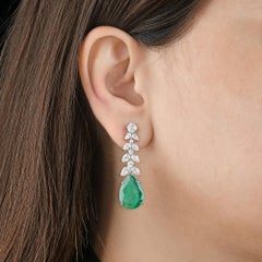 15.08Ct Pear Cut Zambian Emerald Diamond Dangle Drop Earrings 18k White Gold