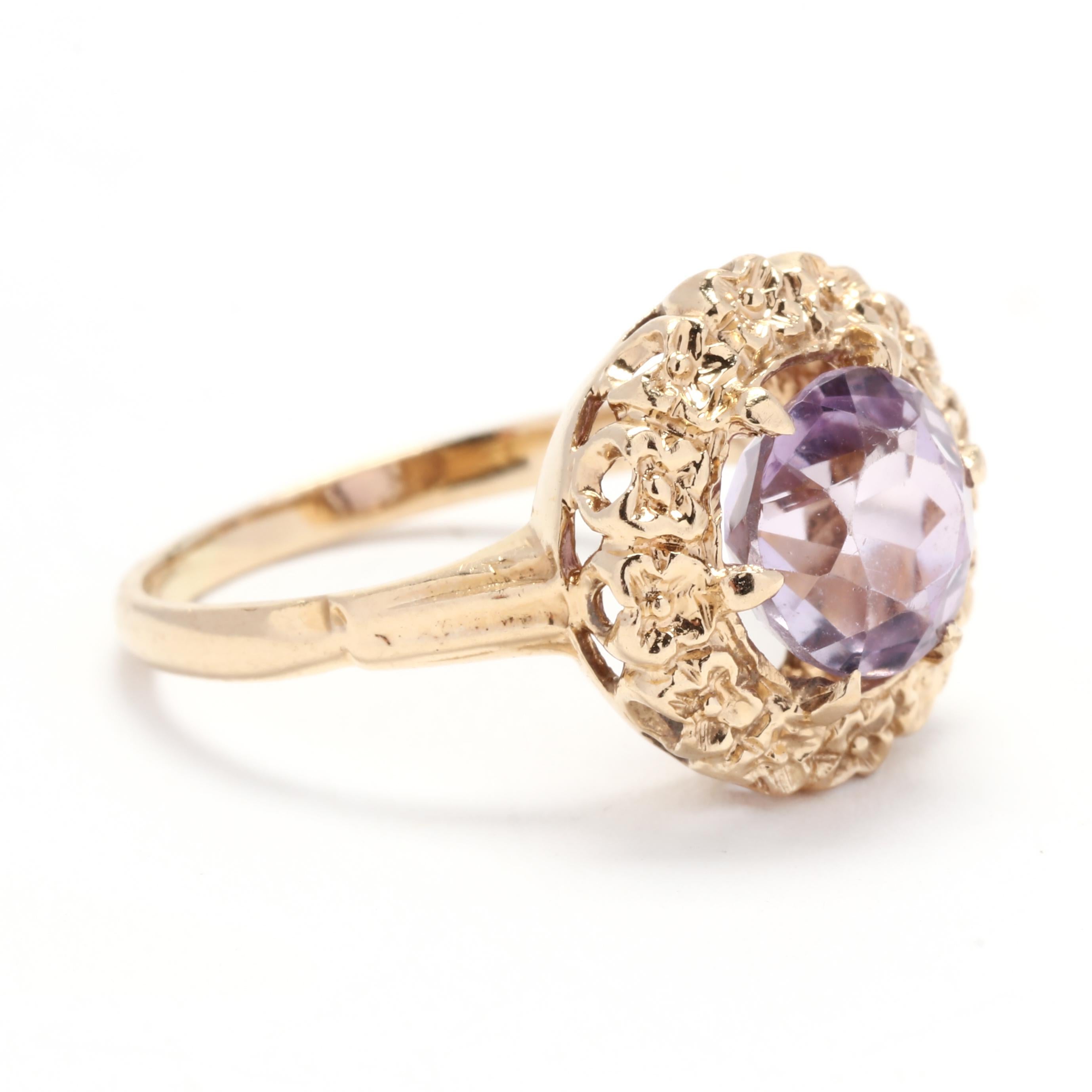 This vintage flower halo ring is a stunning and unique piece of jewelry that is sure to make a statement. Crafted in 14K yellow gold, this ring features a gorgeous 1.50ct oval amethyst gemstone as its centerpiece. With a ring size of 5.5, this piece