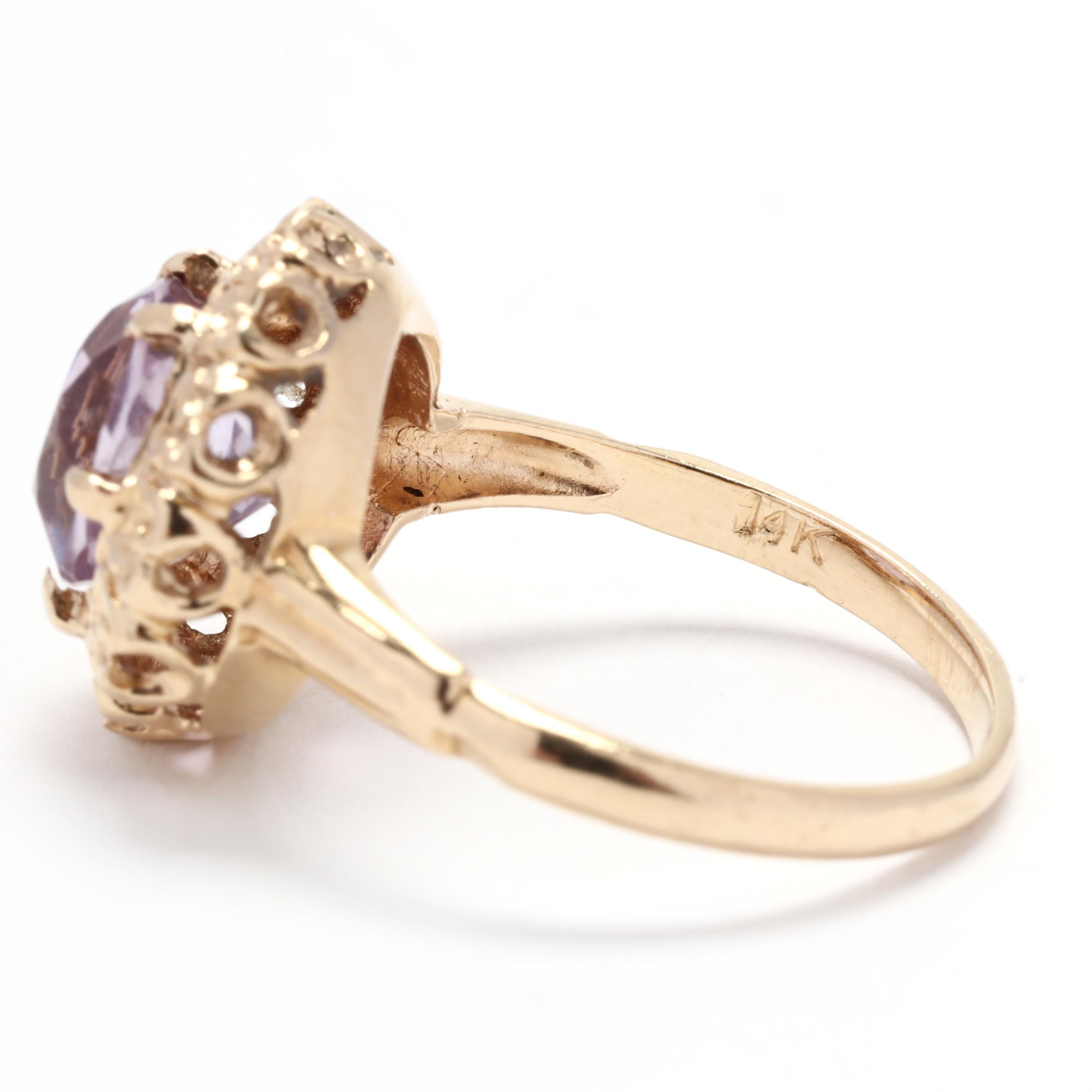 Women's or Men's 1.50ct Amethyst Flower Halo Ring, 14K Yellow Gold, Ring Size 5.5, Vintage Ring