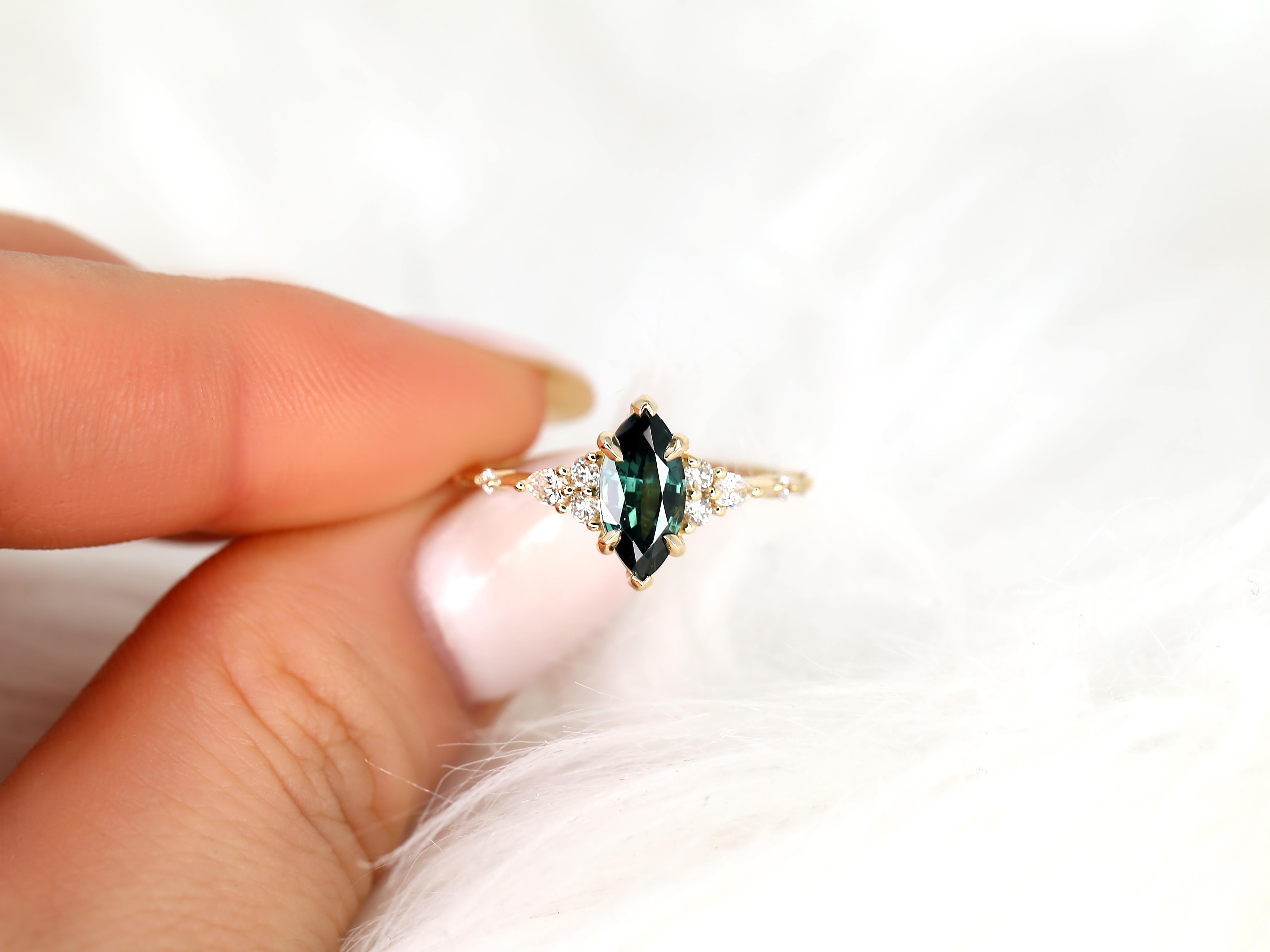 1.50ct Astrid 14kt Gold Teal Sapphire Diamond Marquise Cluster Ring For Sale 4
