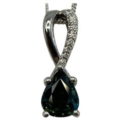 Ciondolo in oro bianco 18 carati con zaffiro naturale blu verde Australia e diamante 1,50ct