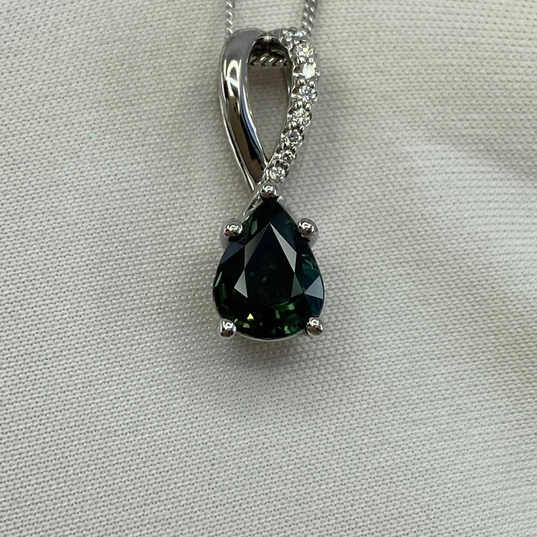 Australian Green Blue Sapphire & Diamond 18k White Gold Pendant Necklace

1.50 Carat sapphire with fine deep green blue colour and excellent clarity. Also has an excellent pear teardrop cut which displays the fine colour to best effect. Very bright