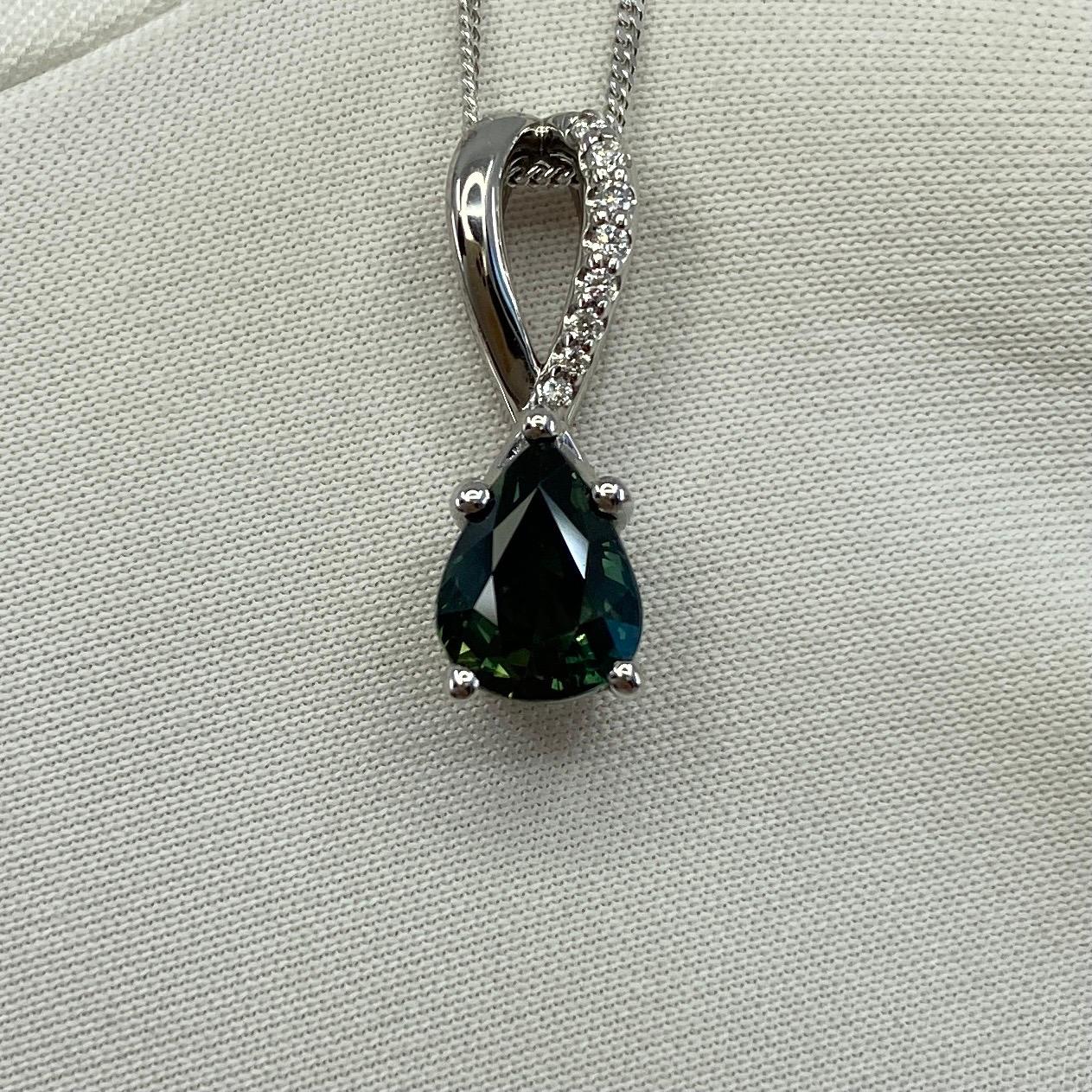 1.50ct Australia Green Blue Natural Sapphire & Diamond 18k White Gold Pendant In New Condition For Sale In Birmingham, GB