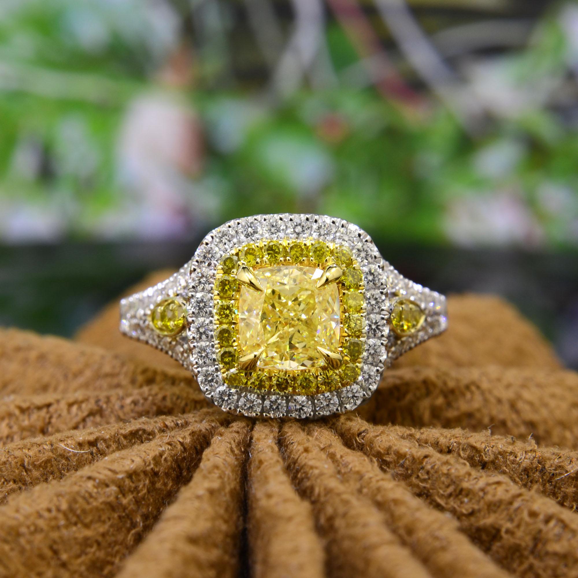 Art Deco 1.50ct Canary Fancy Yellow Cushion Double Halo Diamond Ring SI1 GIA Certified For Sale