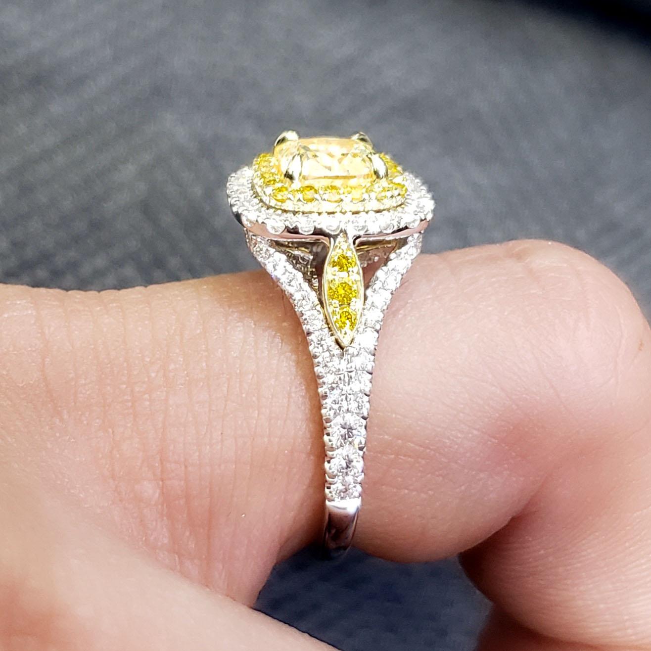 1.50ct Canary Fancy Yellow Cushion Double Halo Diamond Ring SI1 GIA Certified For Sale 1