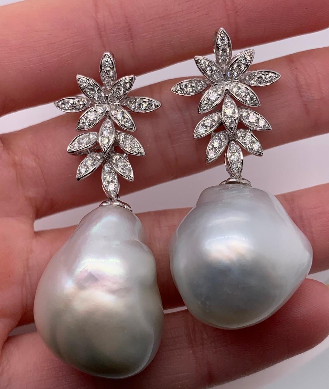 Art Deco 1.50ct Diamond and Natural Pearl Drop Earrings 18K White Gold For Sale