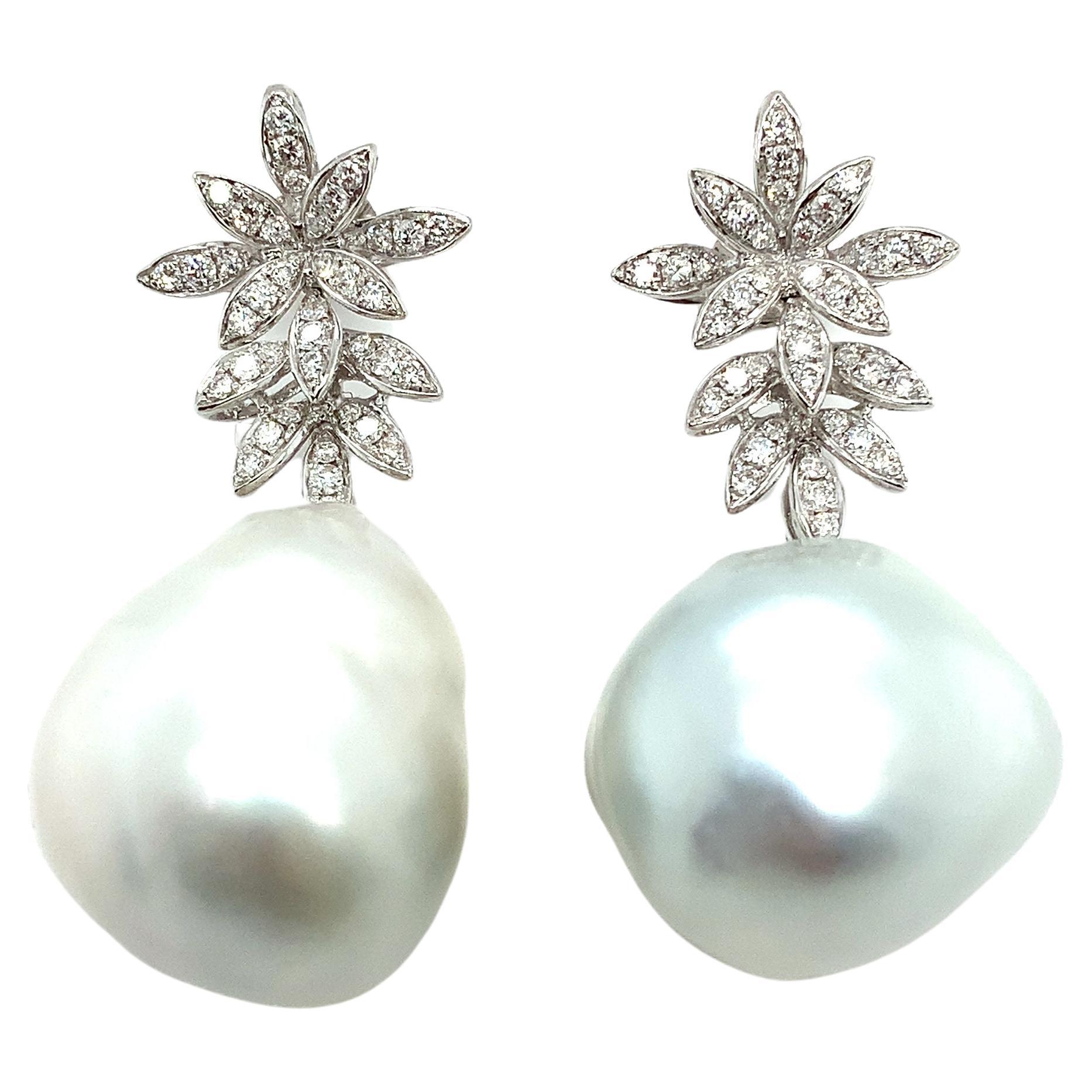 1.50ct Diamond and Natural Pearl Drop Earrings 18K White Gold For Sale