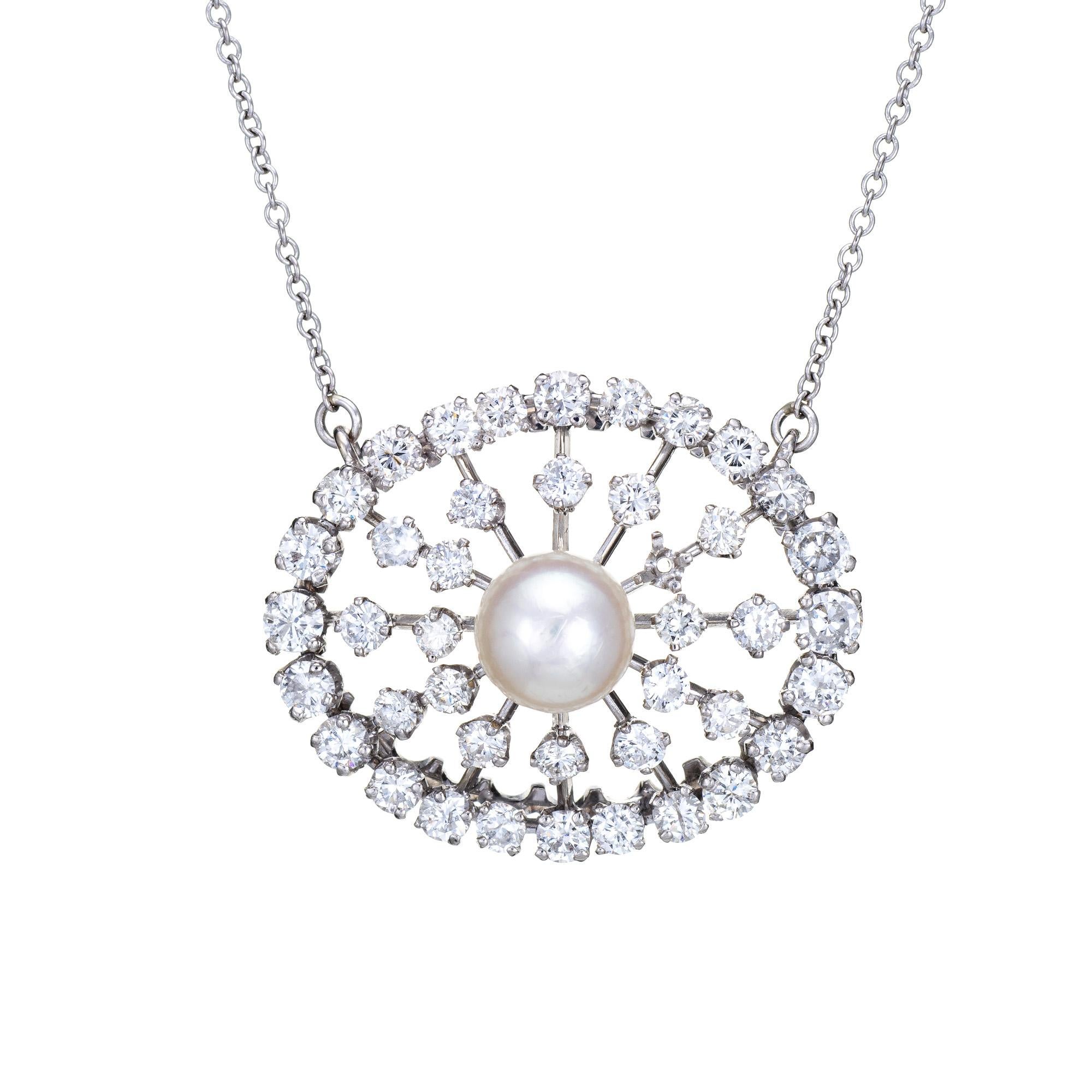 Modern 1.50ct Diamond Cultured Pearl Necklace Vintage 14k White Gold Oval Fine Jewelry