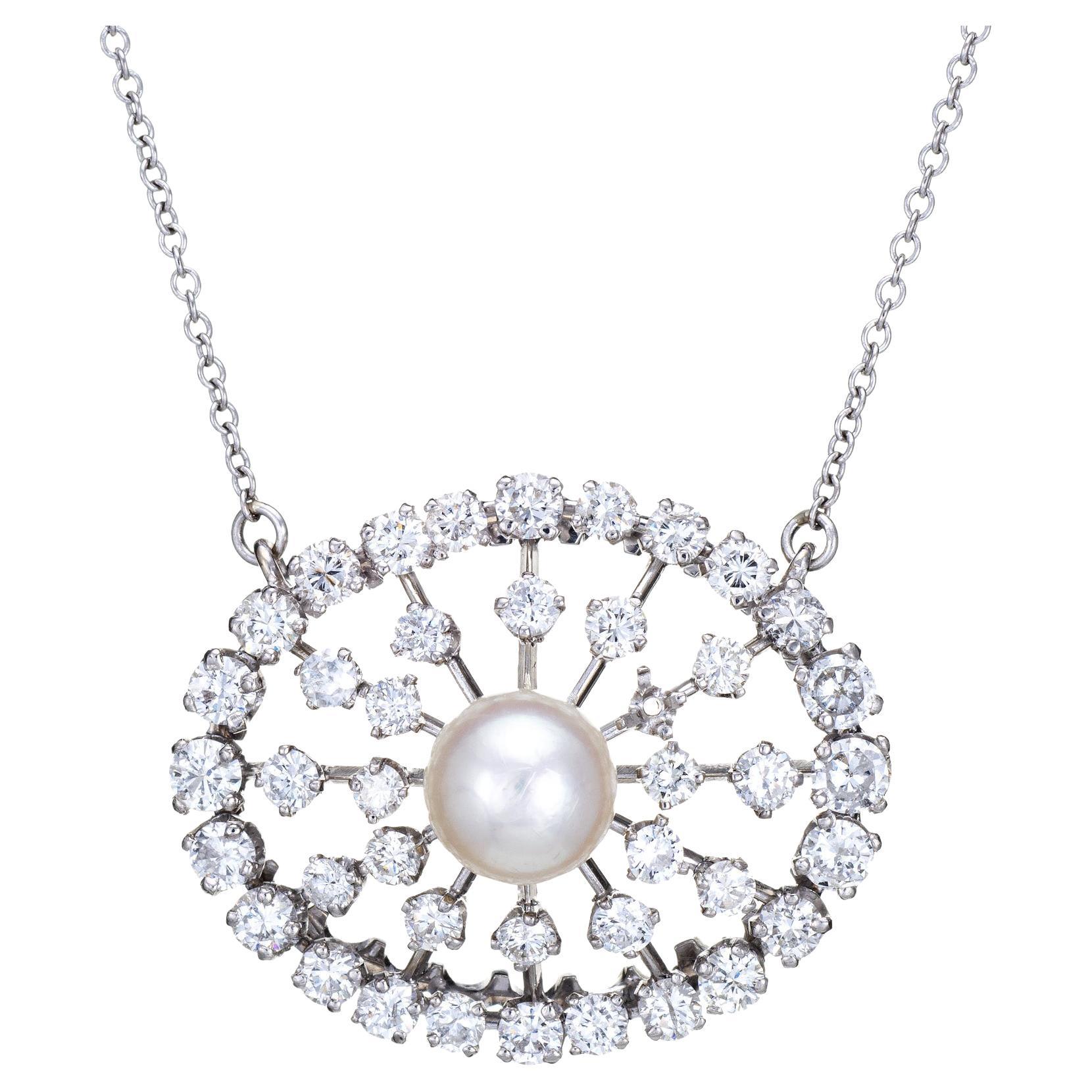 Collier de perles de culture vintage en or blanc 14 carats avec diamants 1,50 carat, bijouterie fine ovale