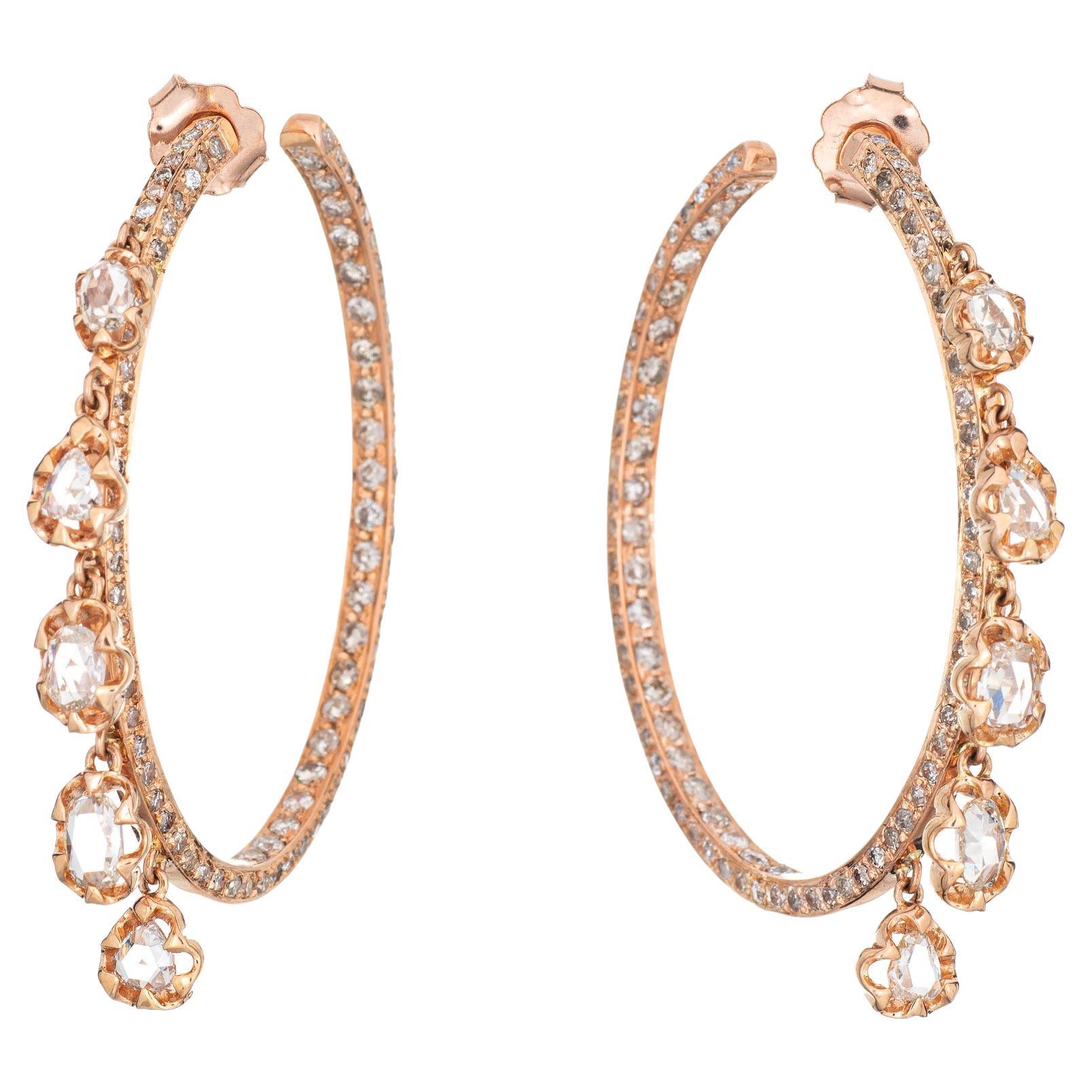 1.50ct Diamond Fringe Hoop Earrings Estate 18k Rose Gold Inside Out Jewelry For Sale