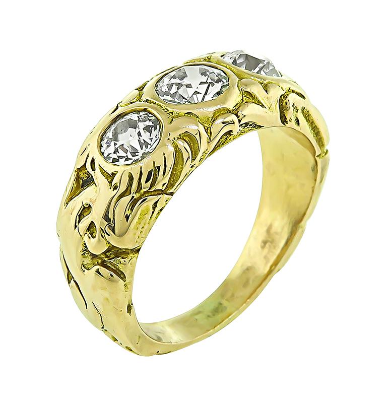 Old Mine Cut 1.50 Carat Diamond Gold Three-Stone Ring For Sale
