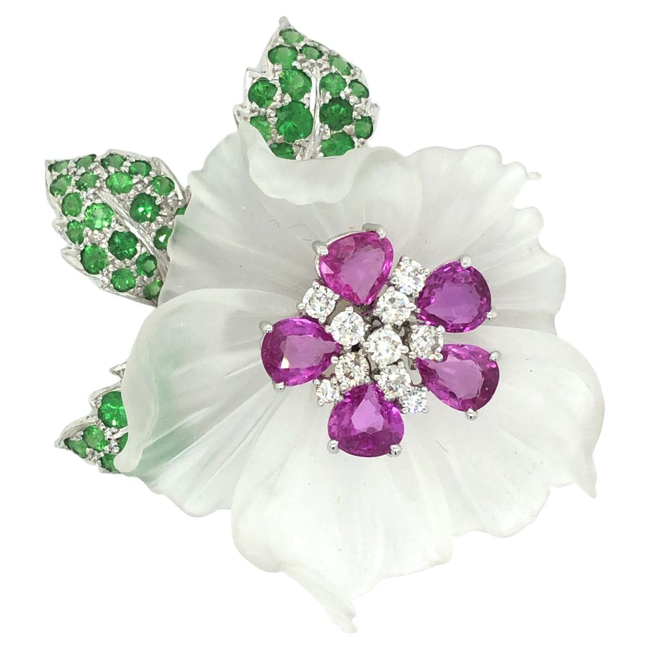 1.50ct Diamond, Pink And Green Spinel Flower Brooch  For Sale