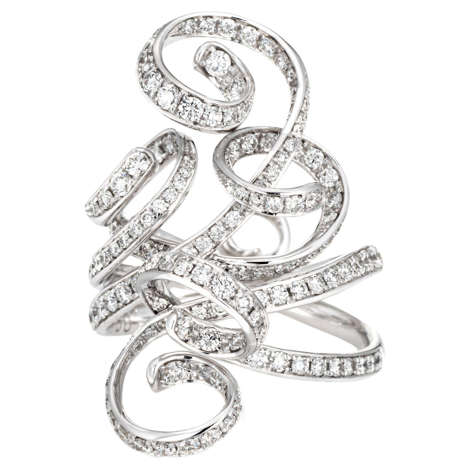 1.50ct Diamond Ribbon Ring Estate 18k White Gold Cocktail Jewelry Sz 6  For Sale