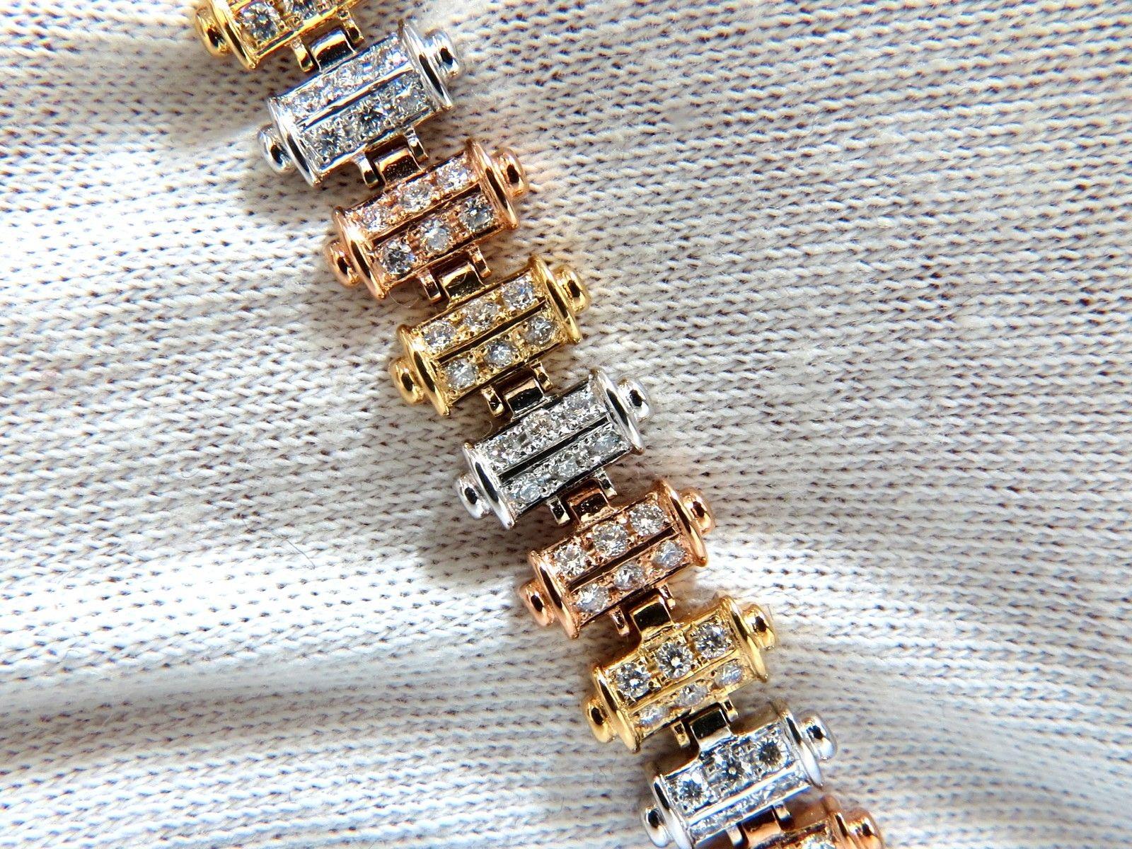 Women's or Men's 1.50CT Diamonds Bar Linked Tri-color 18KT Gold Bracelet Satin Brush Finish For Sale