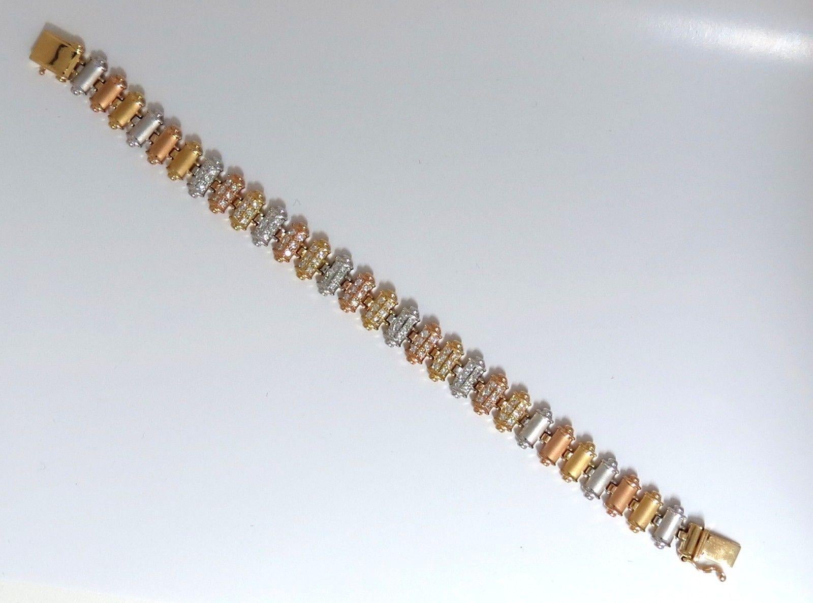 1.50CT Diamonds Bar Linked Tri-color 18KT Gold Bracelet Satin Brush Finish For Sale 4