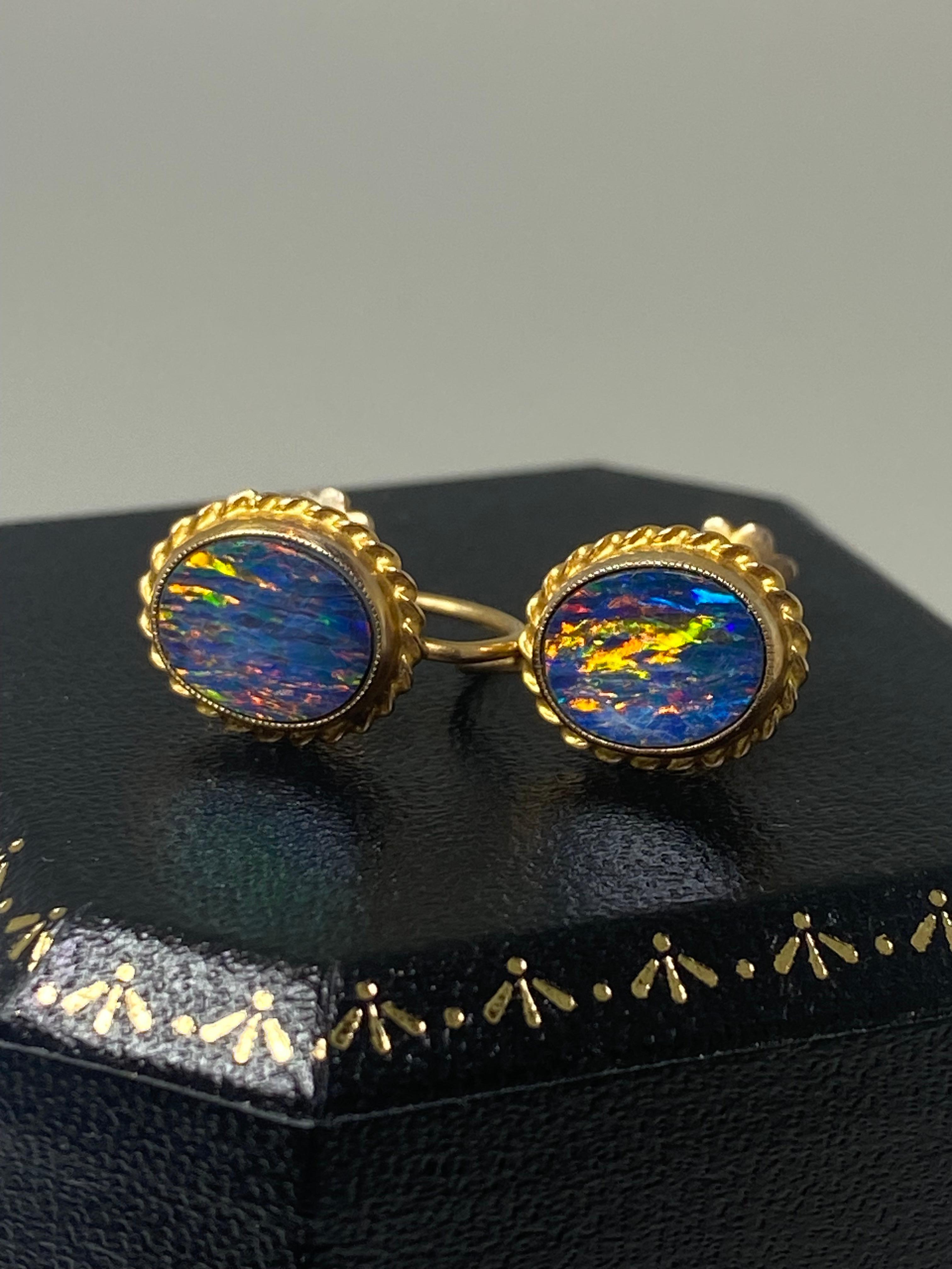 1.50ct (each) Boulder Australian Opal 10K Yellow Gold Retro Handmade Clips In Excellent Condition For Sale In MELBOURNE, AU