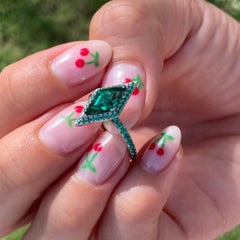 1.50 Carat Emerald Lozenge Ring, Green, Round Emerald Pave, 14kt White Gold