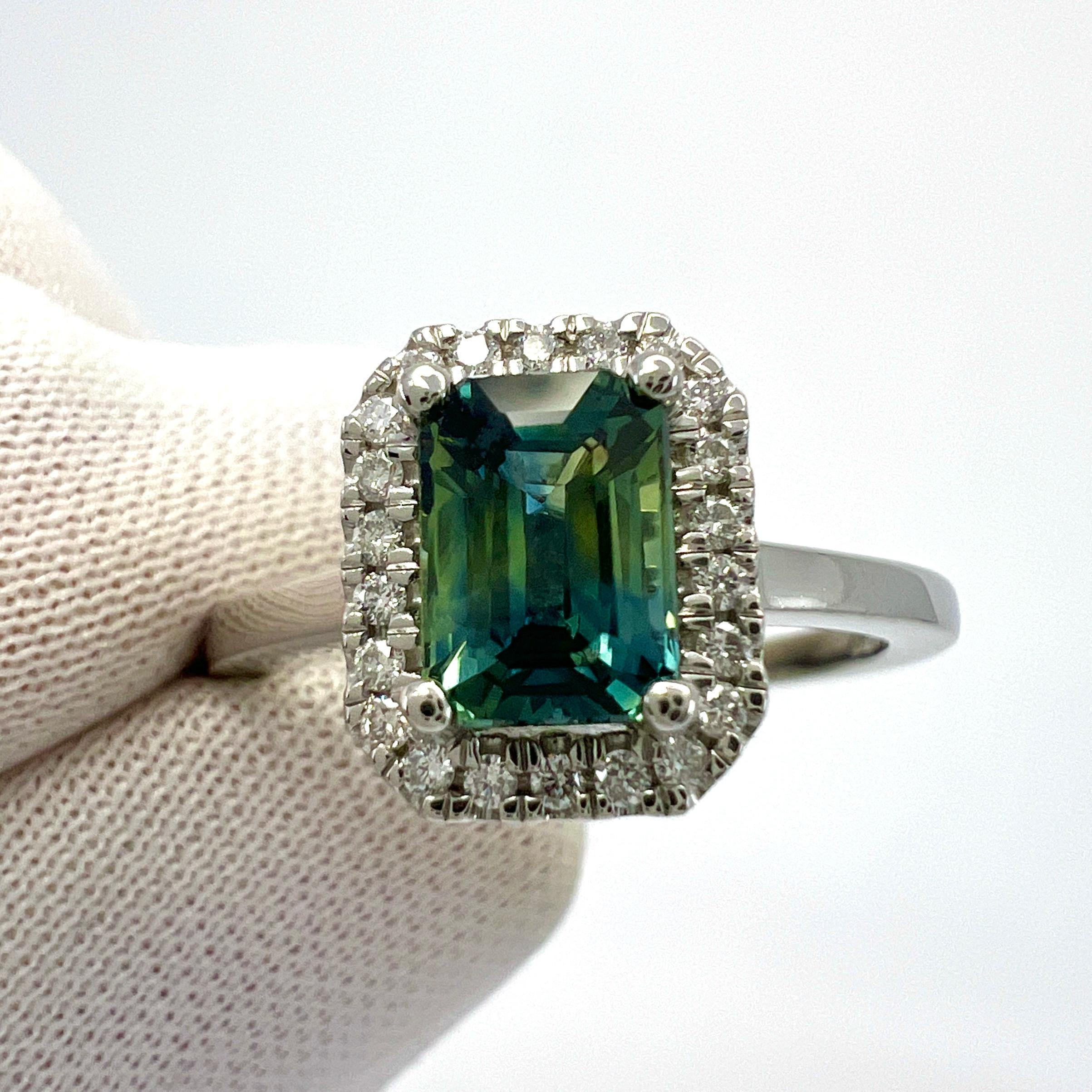 1,50 Karat GIA zertifizierter Parti Color Smaragdschliff Saphir und Diamant Platin Halo-Ring 6
