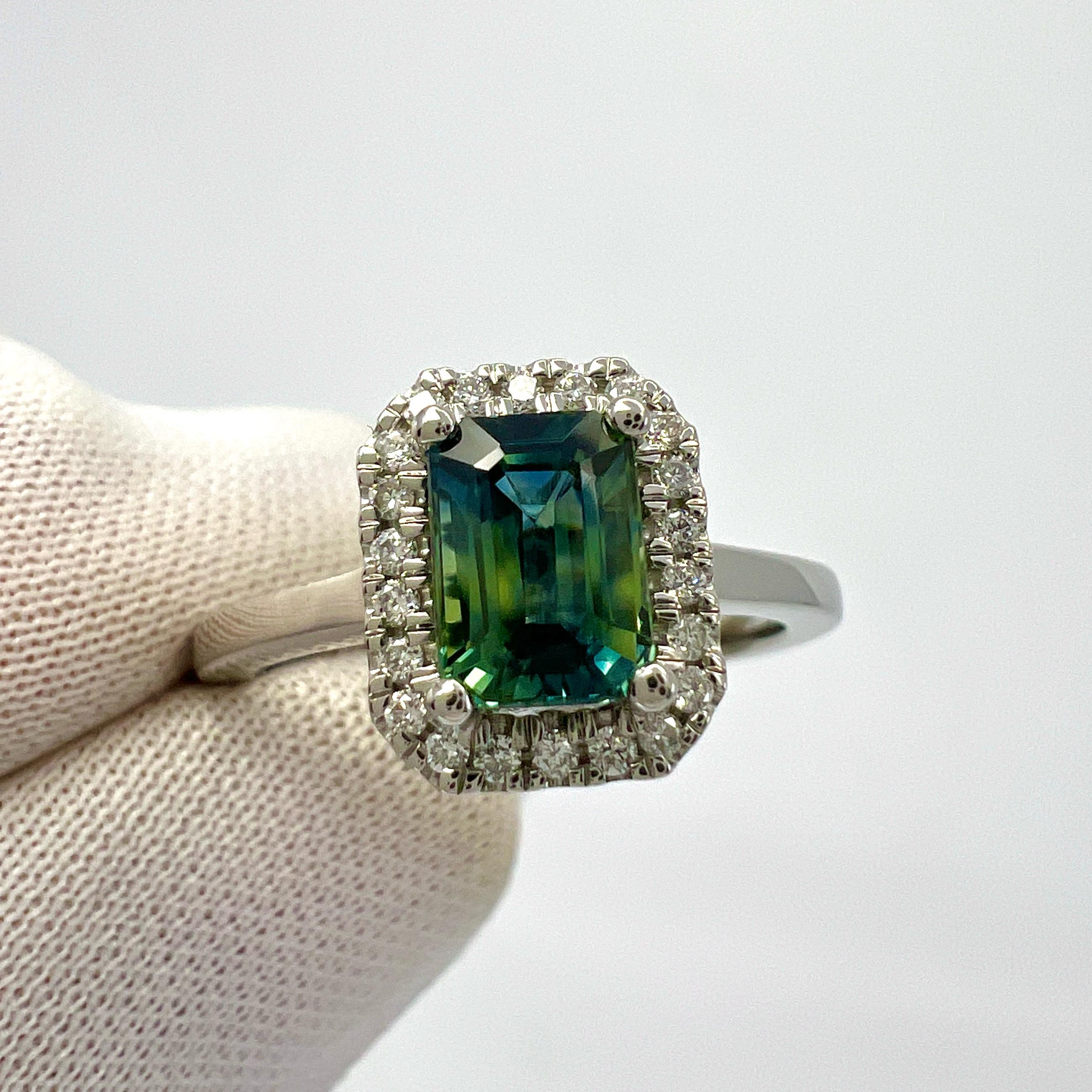 1,50 Karat GIA zertifizierter Parti Color Smaragdschliff Saphir und Diamant Platin Halo-Ring 4
