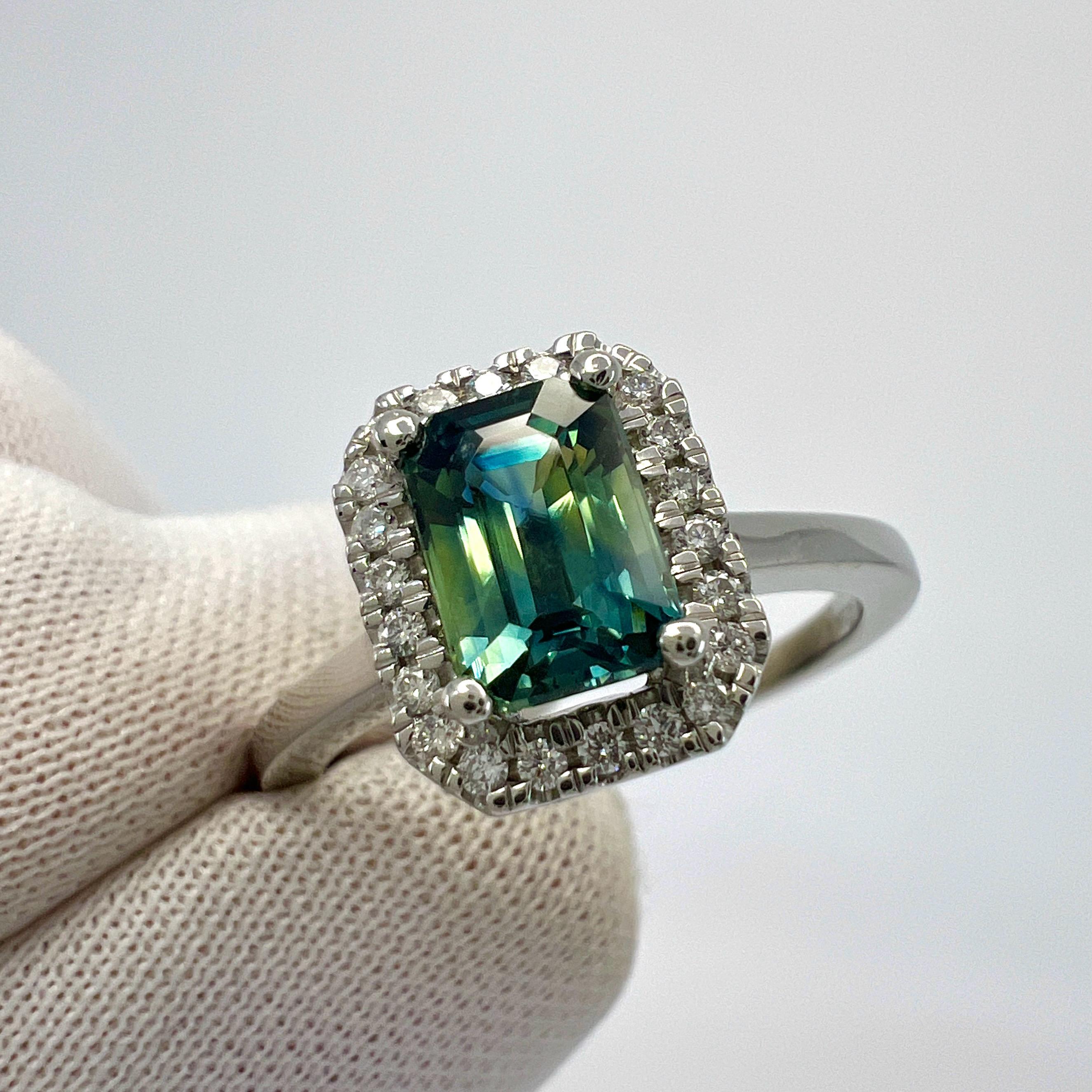1,50 Karat GIA zertifizierter Parti Color Smaragdschliff Saphir und Diamant Platin Halo-Ring 5