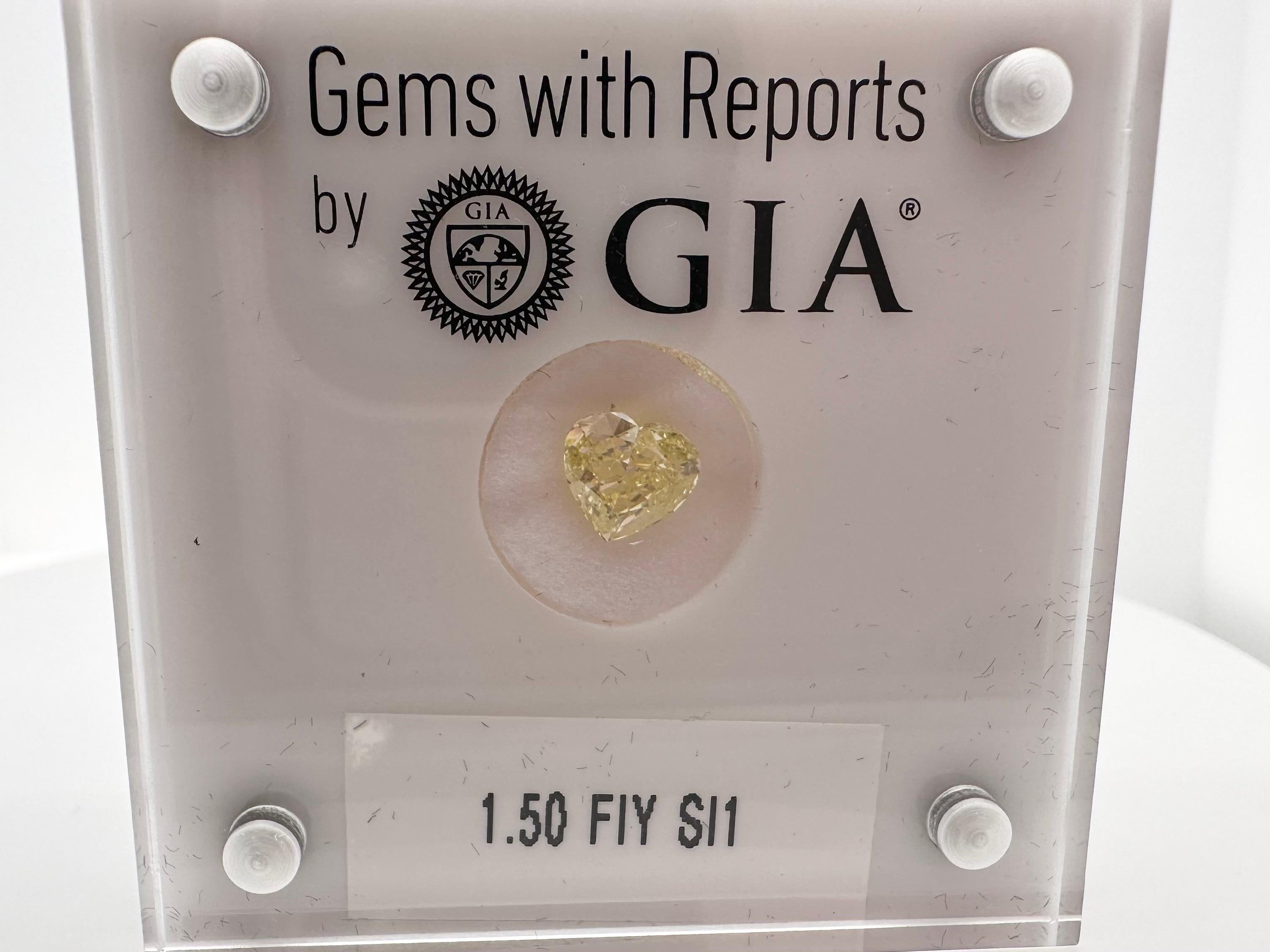 GIA certified diamond, natural fancy intense yellow diamond weighing 1.50ct.

Natural Color Diamond:
Color: Fancy Intense Yellow
Cut: Heart Brilliant
Carat: 1.50ct
Clarity: SI1

Certificate of authenticity comes with purchase

ABOUT US
We are a
