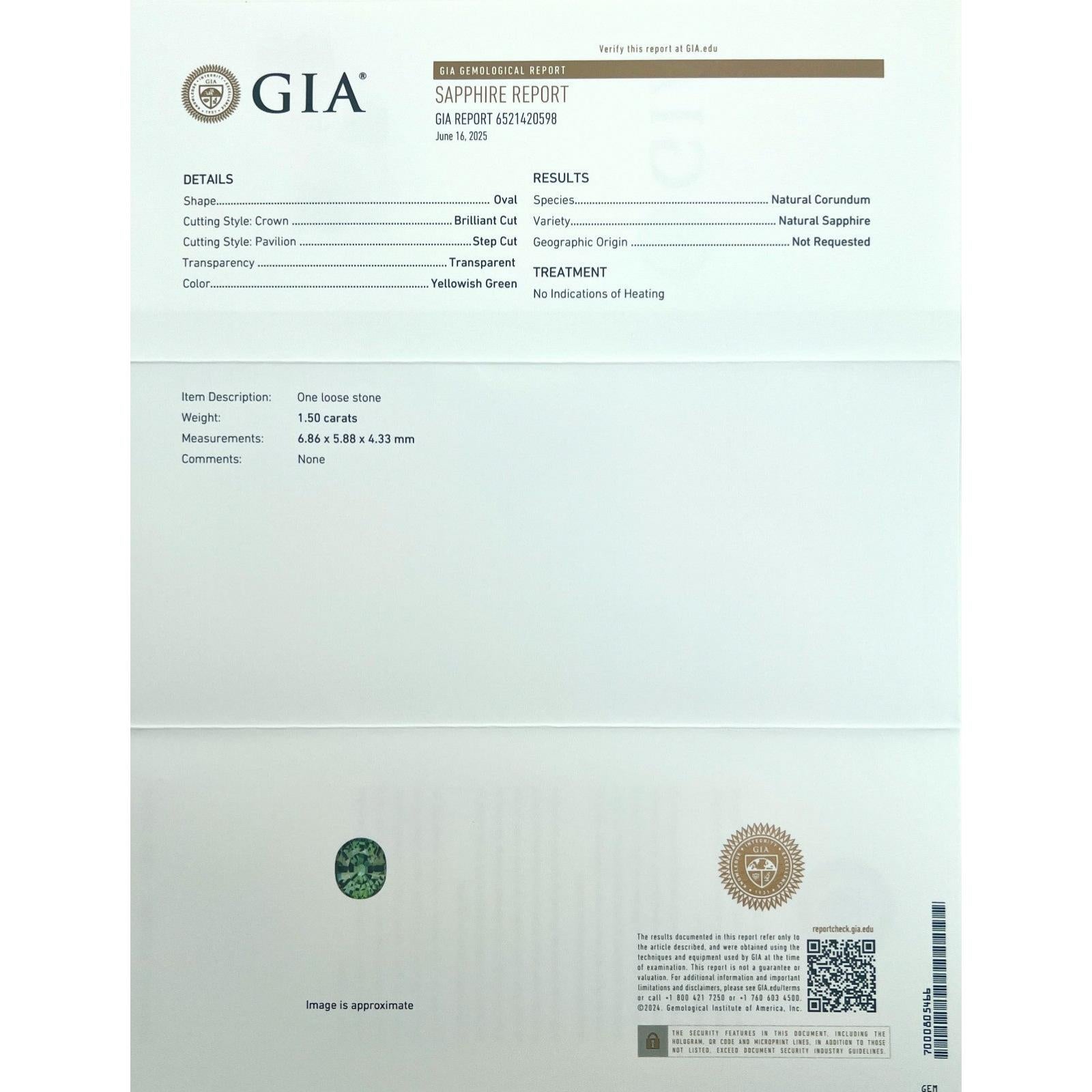 1,50 ct Zafiro amarillo verde no tratado certificado por la GIA Gema de talla oval 6,8x5,8 mm

Gema natural de zafiro verde amarillento sin tratar certificada por el GIA.
Zafiro de 1,50 quilates de hermoso color verde amarillento y excelente