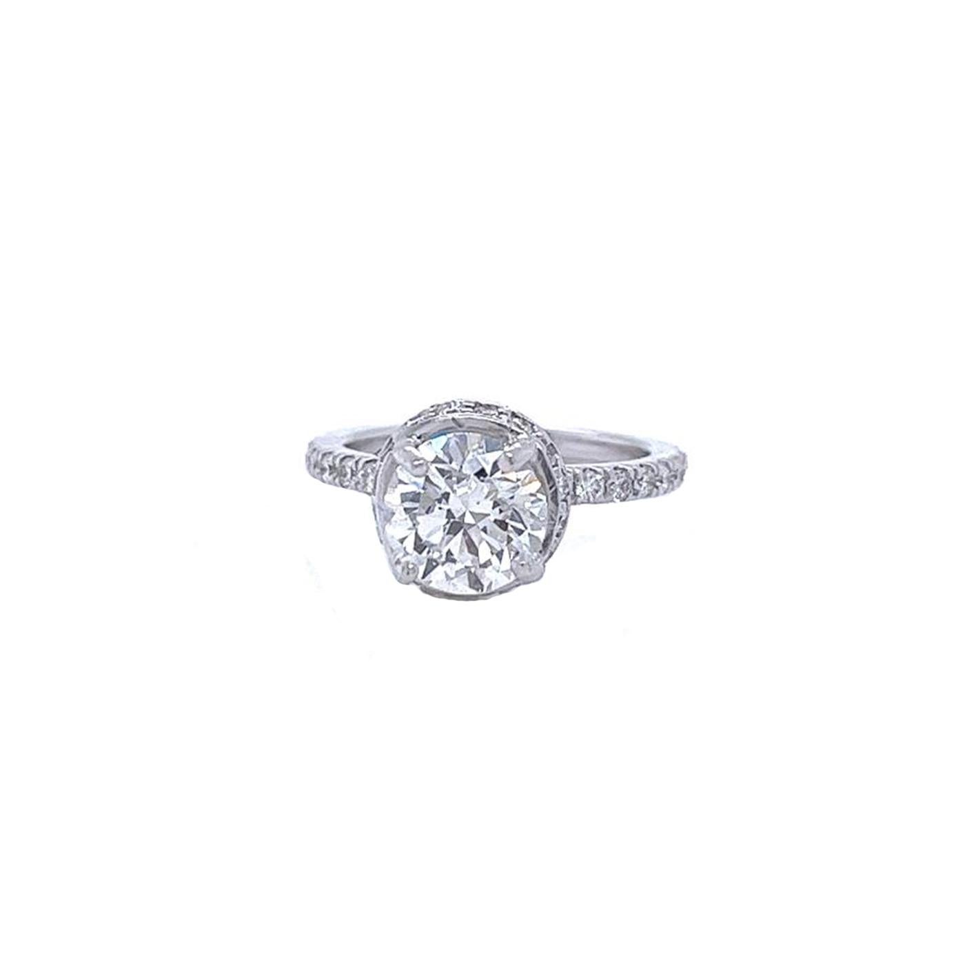 GIA Certified 1.50 Carat Round Cut Diamond Ring Pave Diamond 18 karat White Gold For Sale 2