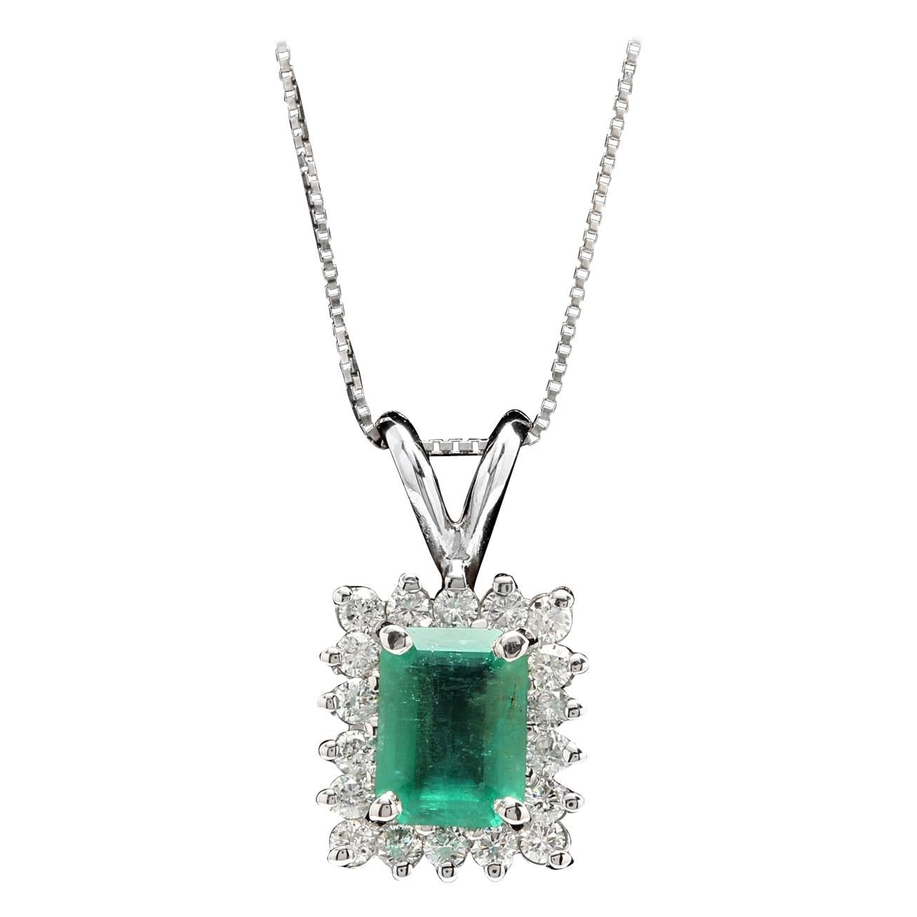 1.50ct Natural Emerald and Diamond 14k Solid White Gold Necklace For Sale
