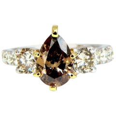 1.50 Carat Natural Fancy Brown and 1.30 Carat Diamonds Mod Three Ring 14 Karat