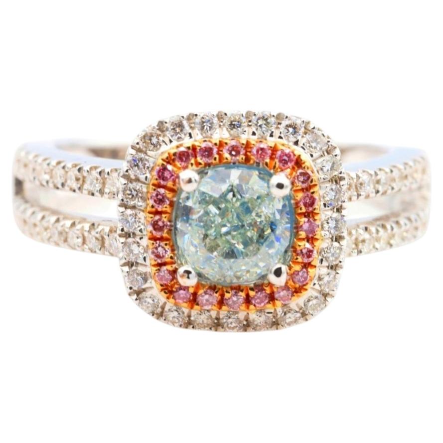 Anello di fidanzamento GIA con diamanti naturali da 1,50 ct, verde chiaro fancy e rosa intenso