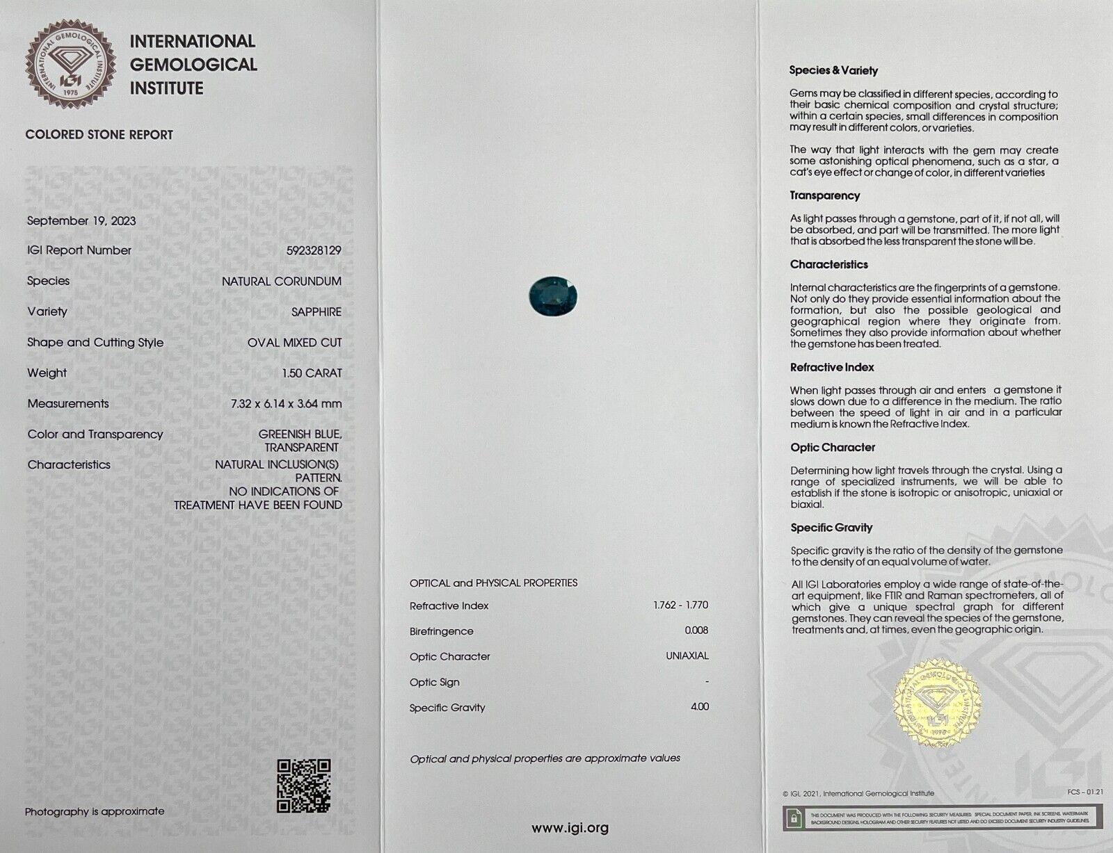 1.50ct Natural Sapphire Green Blue Unheated IGI Certified Oval Cut Gemstone 1