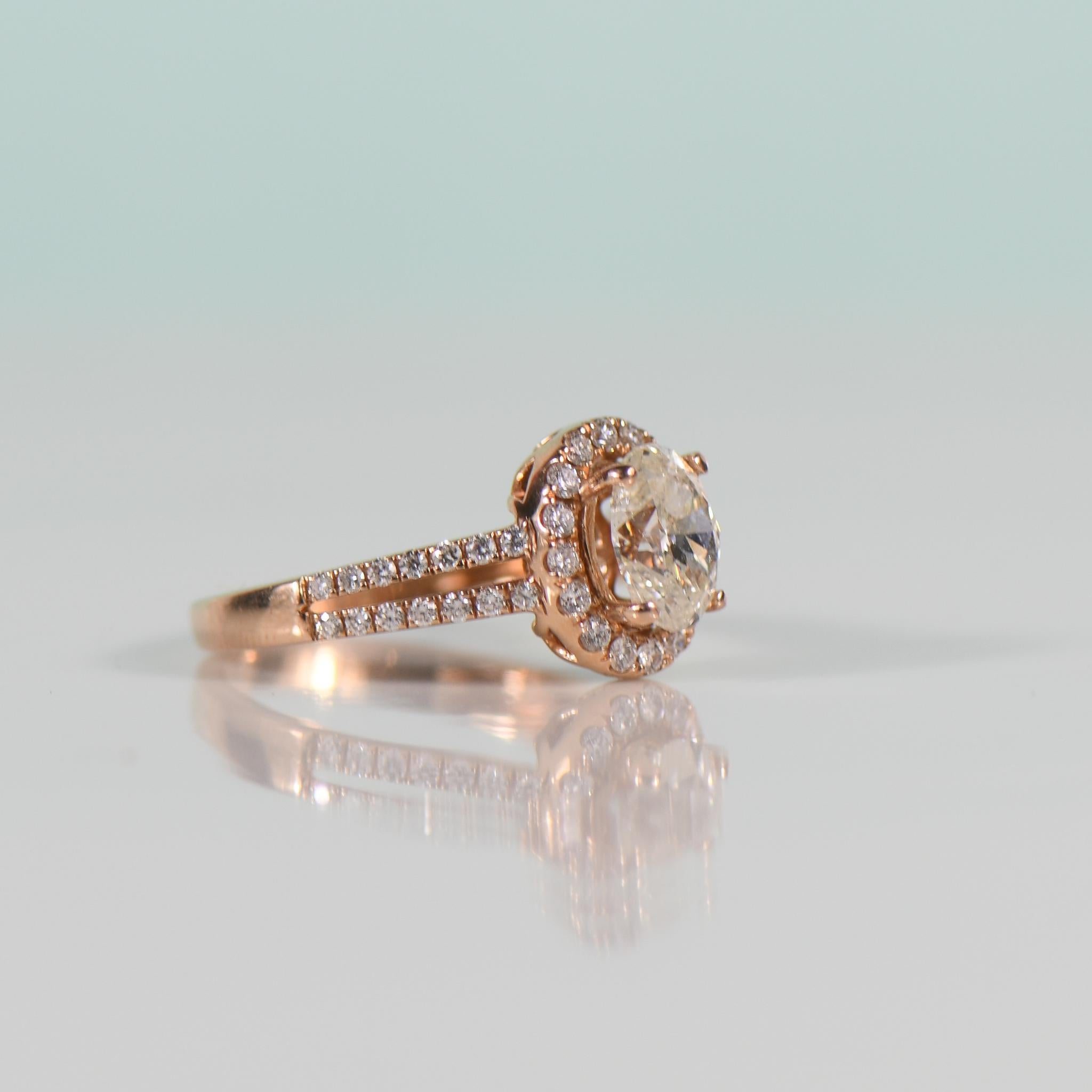 1.50ct Oval GIA Natural Diamond in Rose Gold Halo Split Shank Ring In Good Condition For Sale In Addison, TX