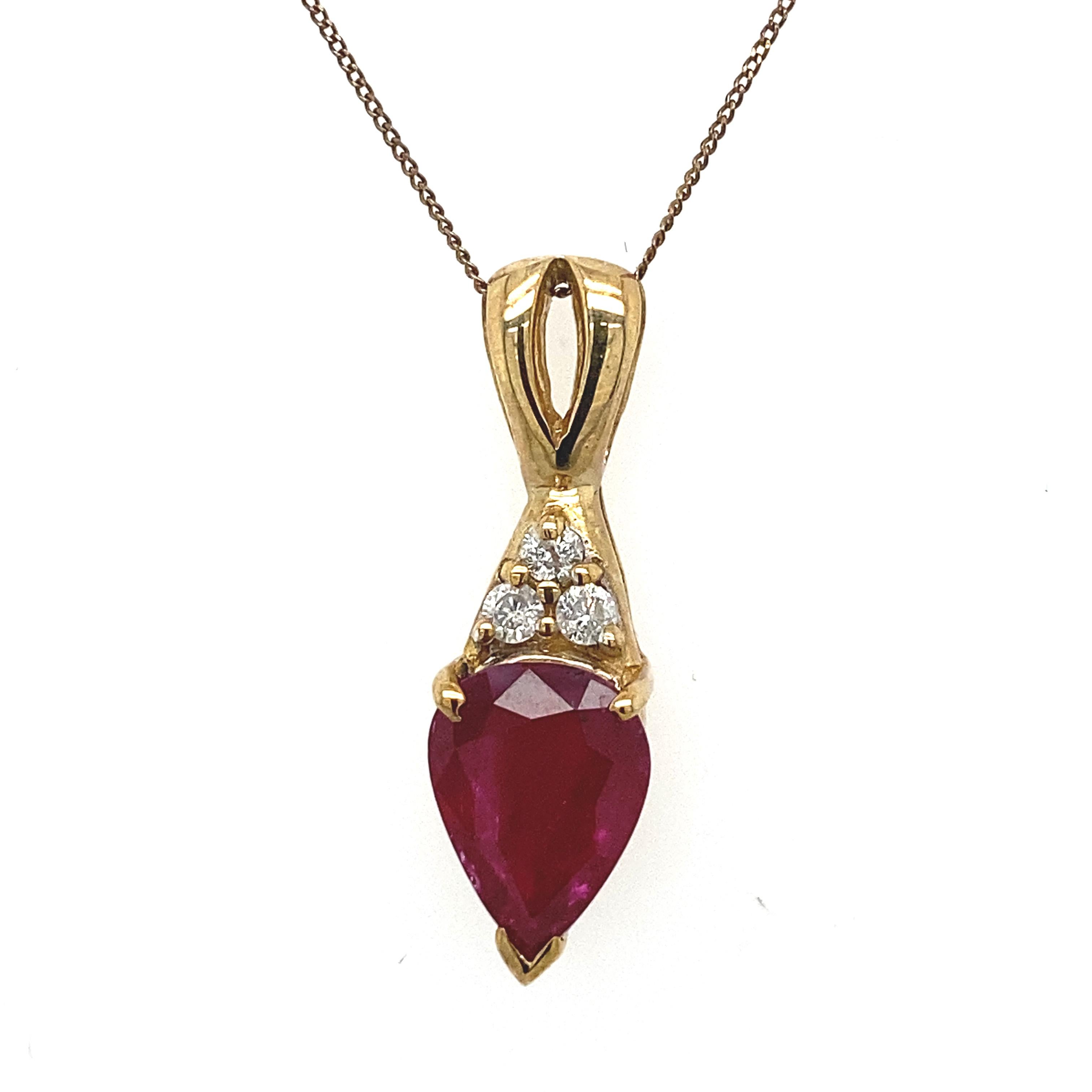 Pear Cut 1.50ct Pear Shape Ruby with 3 Round Brilliant Cut Diamonds on 16/18'' Chain For Sale