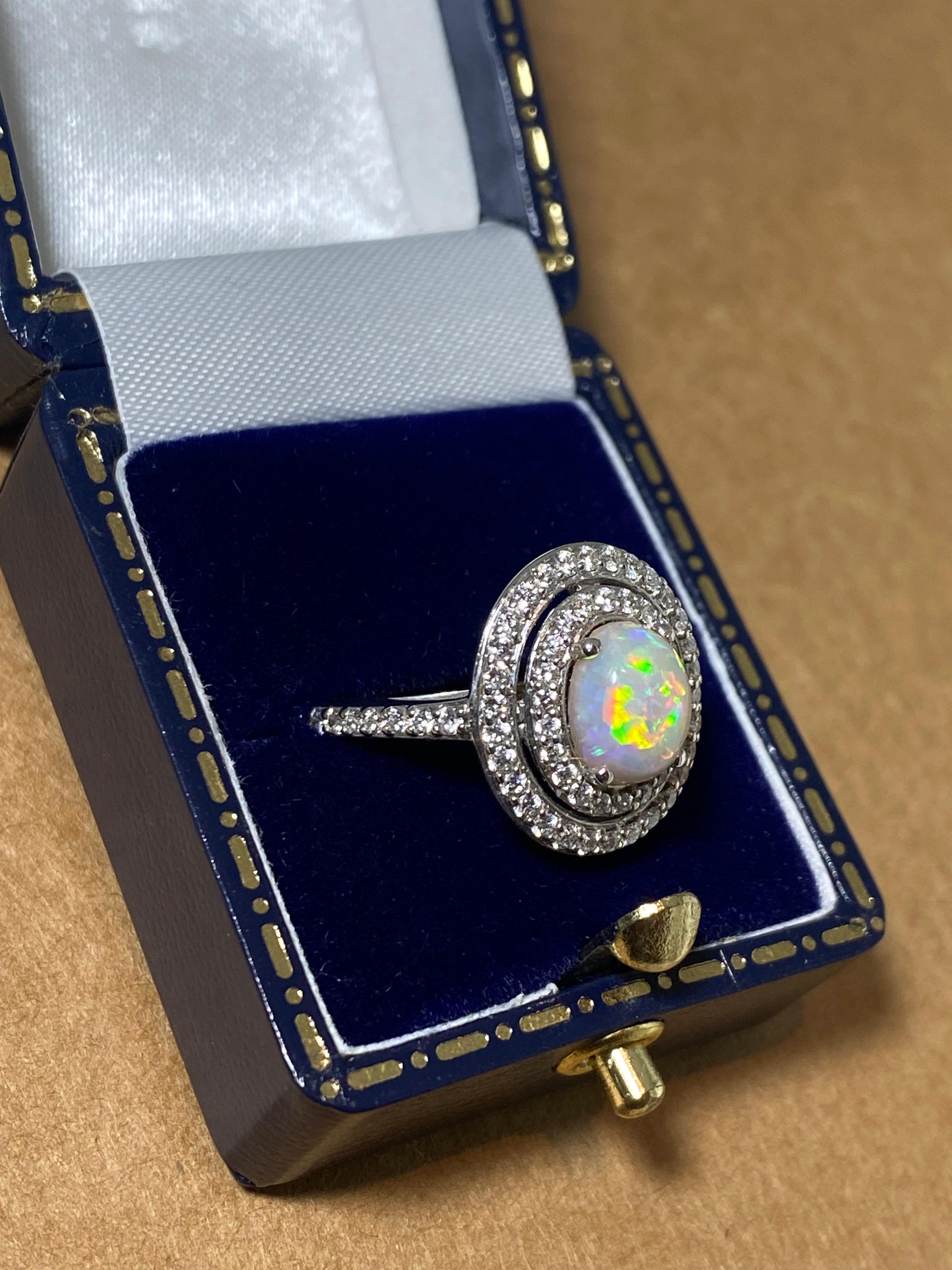 Oval Cut 1.50ct Solid Australian Oval Opal & Diamond Cluster Halo Dress Ring in 14K Gold For Sale