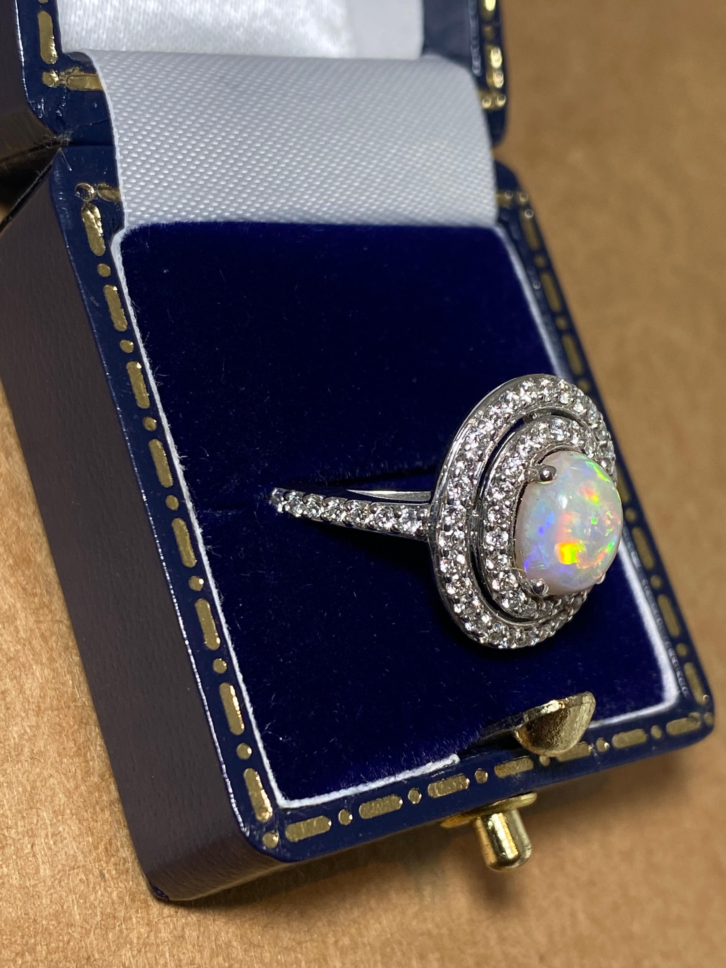 1.50ct Solid Australian Oval Opal & Diamond Cluster Halo Dress Ring in 14K Gold In Excellent Condition For Sale In MELBOURNE, AU