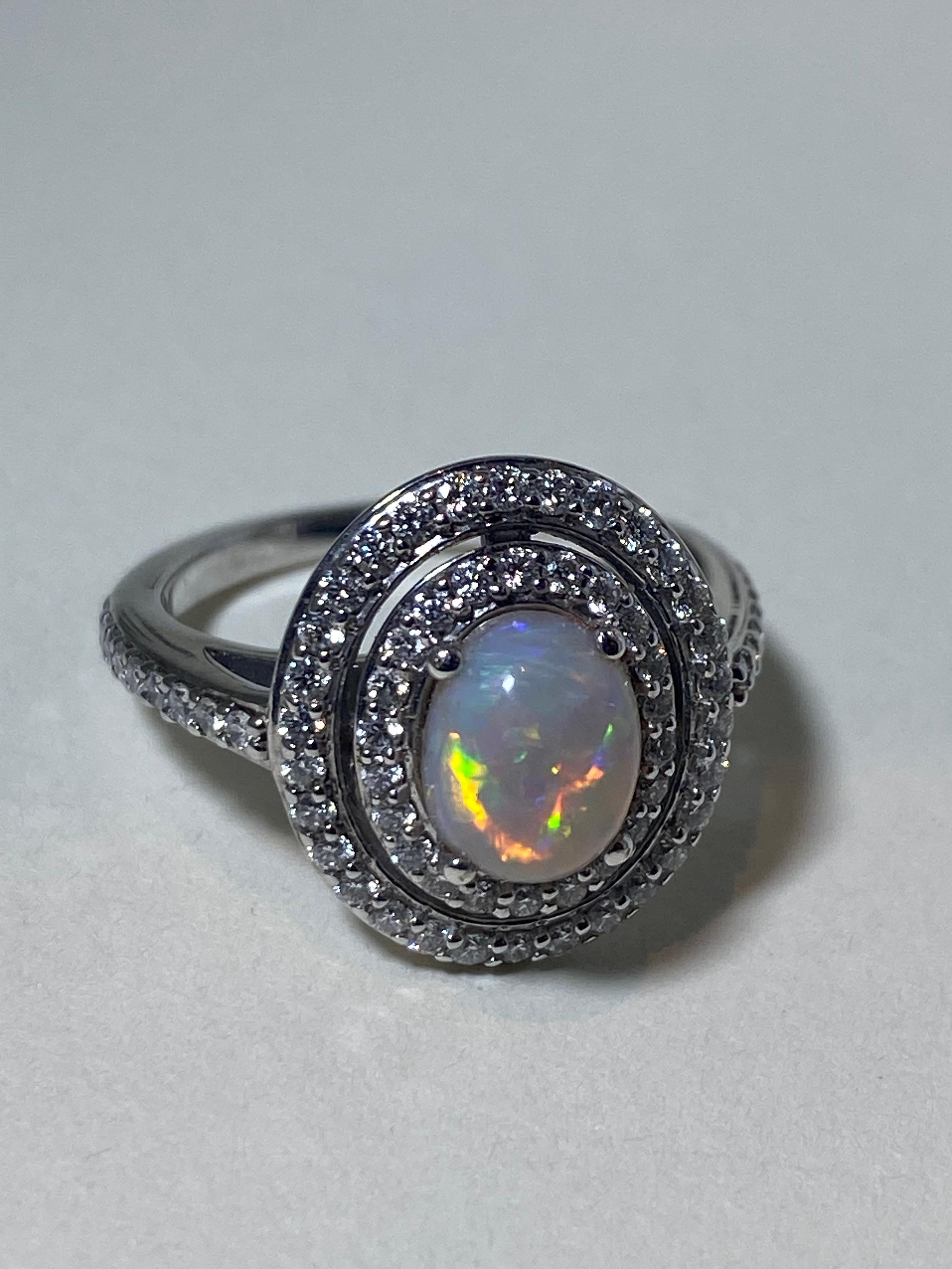 1.50ct Solid Australian Oval Opal & Diamond Cluster Halo Dress Ring in 14K Gold For Sale 2