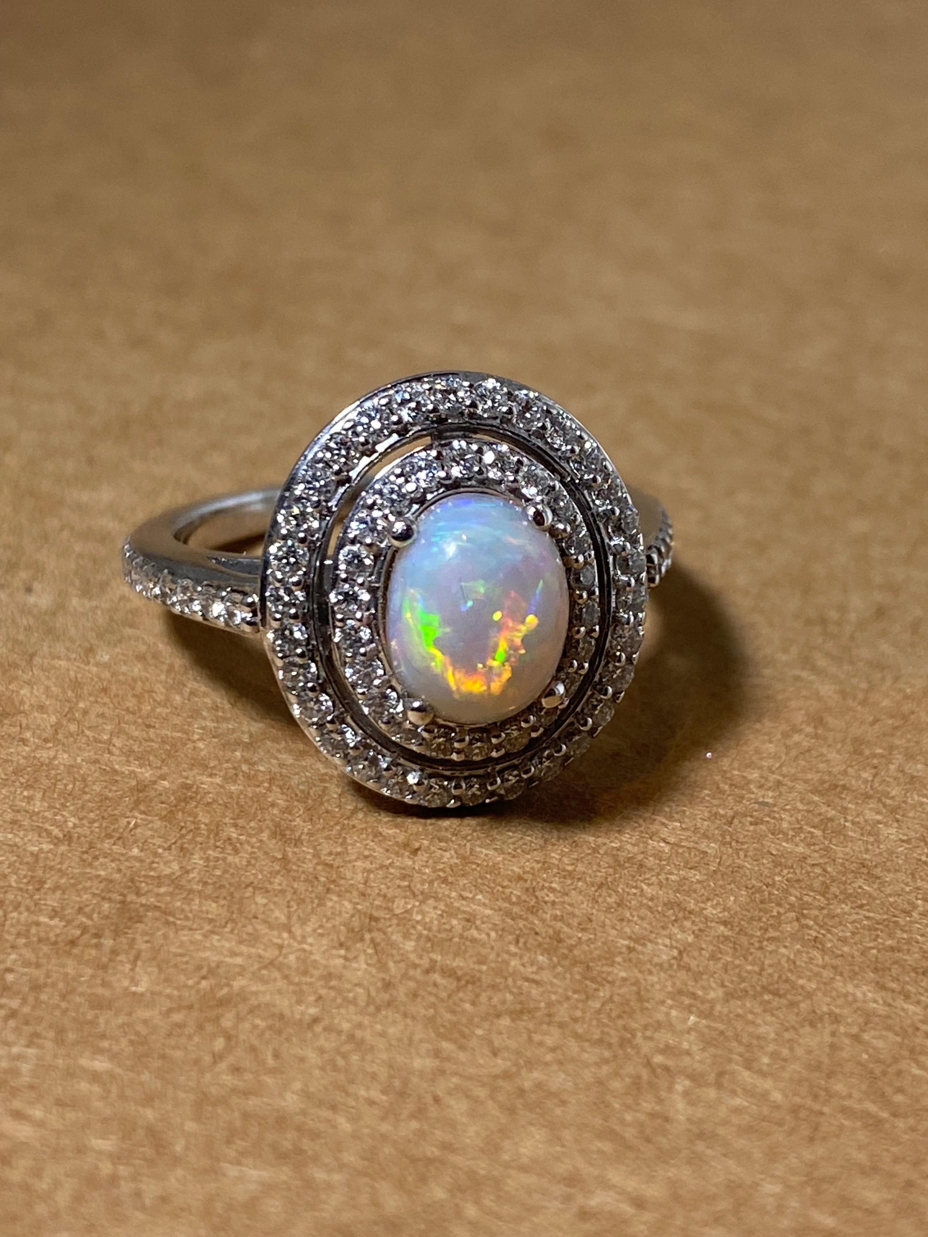 1.50ct Solid Australian Oval Opal & Diamond Cluster Halo Dress Ring in 14K Gold For Sale 3