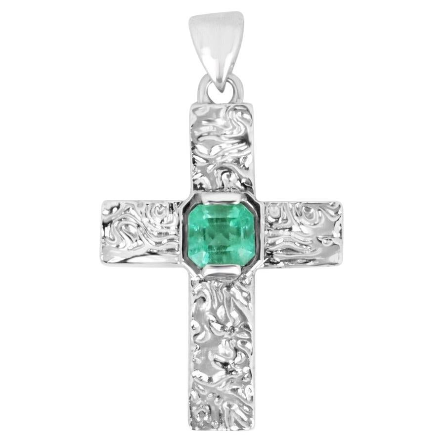 1.50ct SS Asscher Cut Colombian Emerald Religious Intricate Cross Pendant Unisex