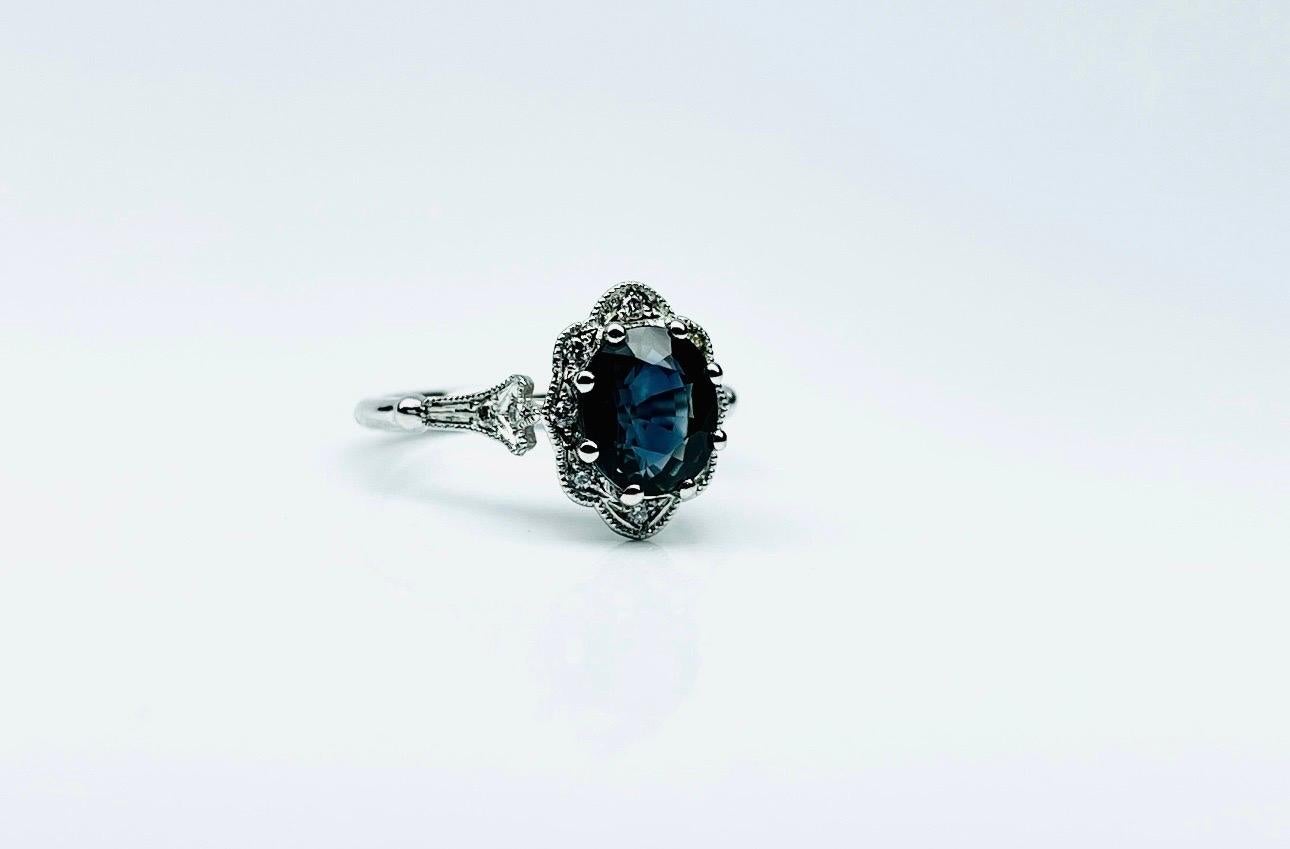 1.50ct Teal sapphire diamond ring Vintage style 14KT gold engagement ring In New Condition For Sale In Boca Raton, FL