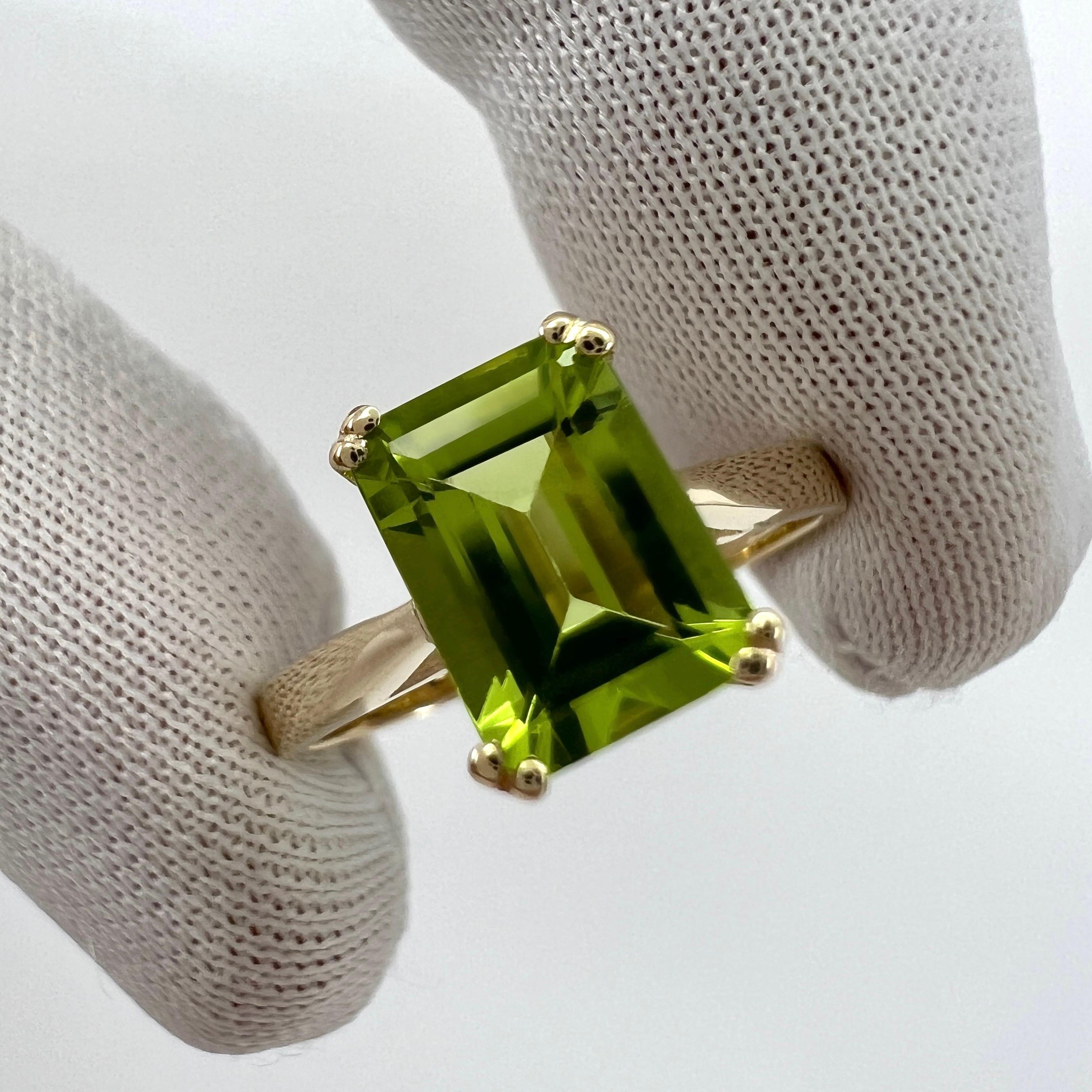Natural Emerald Octagonal Cut Vivid Green Peridot Solitaire Ring.

1.50 Carat peridot with a stunning vivid green colour and excellent clarity, very clean stone. 
Also has an excellent emerald octagonal cut which shows the fine colour to best