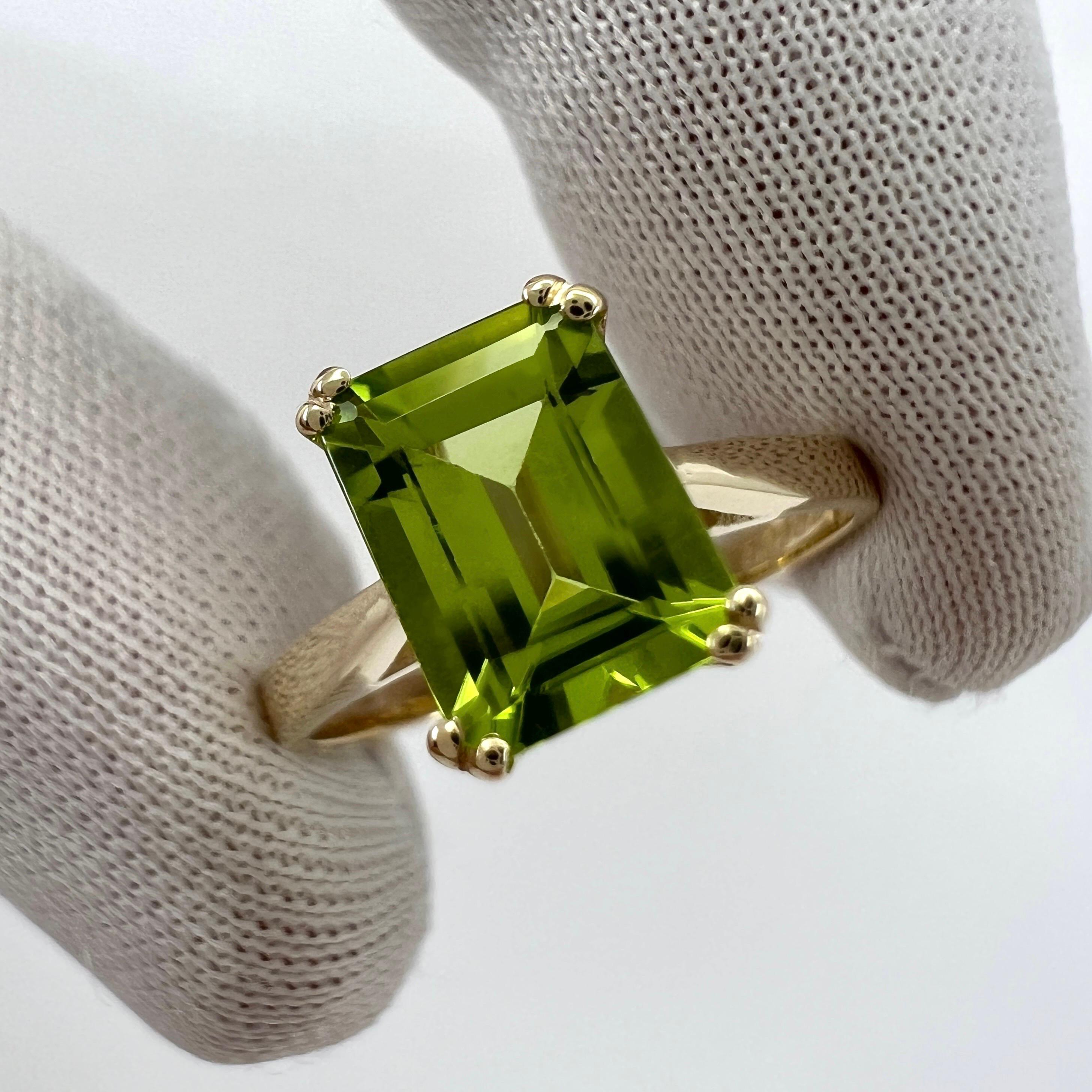 1.50ct Vivid Green Peridot Emerald Octagonal Cut 9k Yellow Gold Solitaire Ring For Sale 1