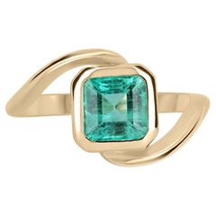 1.50cts 14K Bezel Set Colombian Emerald Solitaire Curved Bypass Gold Ring